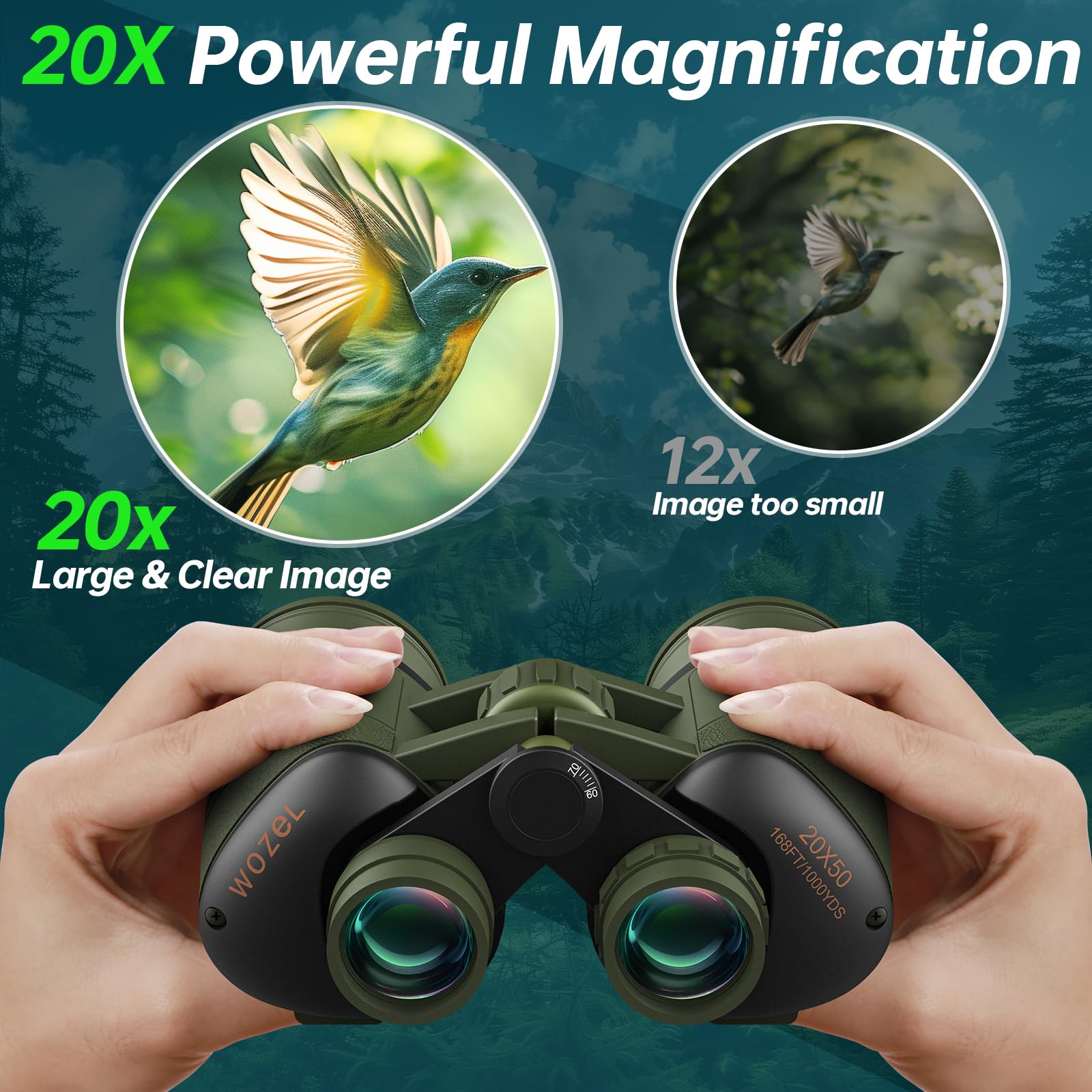 Wozel 20X52 Binoculars For Adults High Powered - Hd Binoculars With Clear Low Light Vision For Bird Watching Hunting Hiking Travel Cruise Ship Sports Events