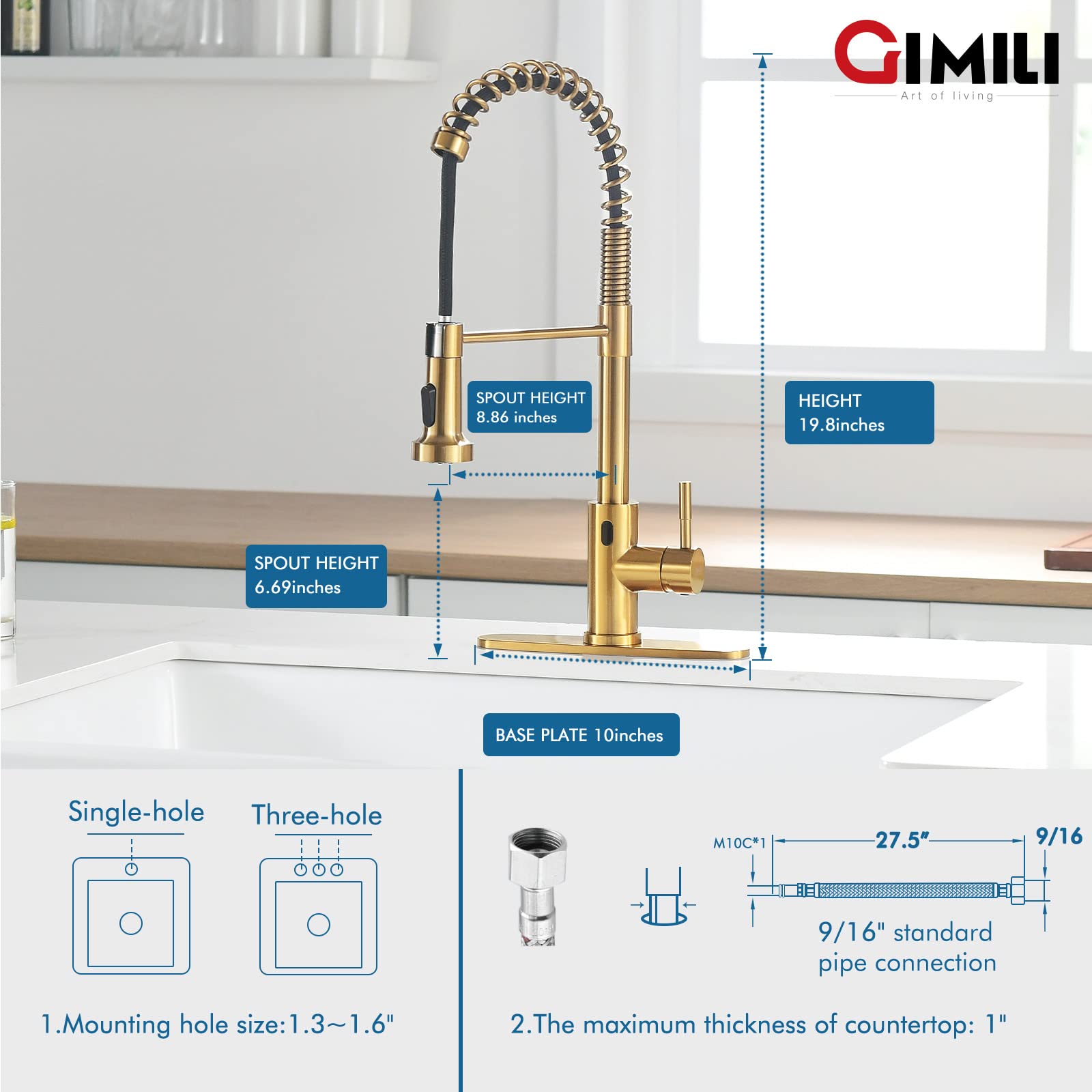 Gimili Gold Touchless Kitchen Faucet With Pull Down Sprayer Motion Sensor Smart Hands- Activated Single Hole Spring Faucet For Kitchen Sink