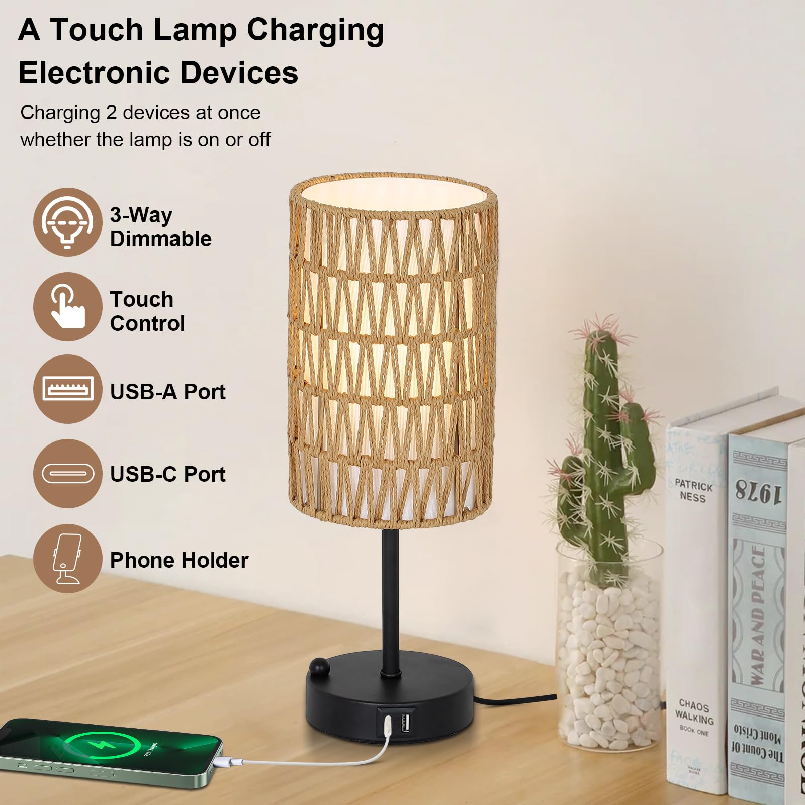 Eayaya Touch Table Lamp Set Of 2 For Bedroom With Bulb, Boho Small Desk Lamp For Living Room With Rattan & Linen Shade, 3 Way Dimmable Bedside Table Lamp For Nightstand With Usb Charging Port & Phone Stand