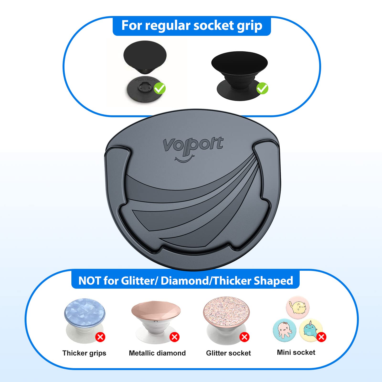 Volport Air Vent Phone Mount For Socket User, Universal Silicone Vent Holder With Adjustable Clip & 2 Pack Sticky Adhesive Replacement For Collapsible Grip Stand Compatible With Smartphones Black