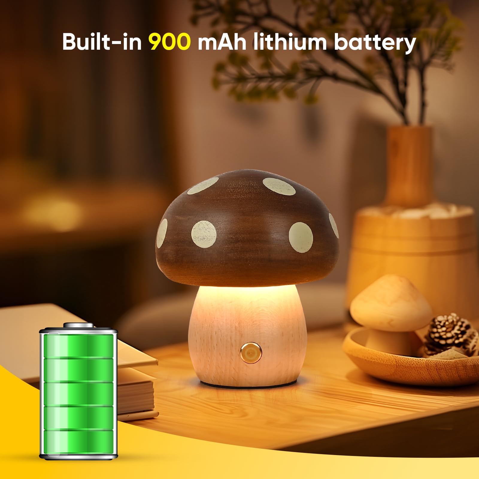Lonrisway Led Wooden Mushroom Lamp, Rechargeable Battery Operated Portable Cordless Touch Switch Small Lamp, Stepless Dimming Night Light For Birthday