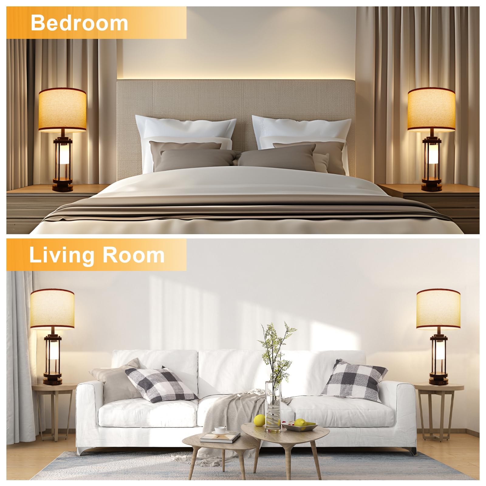 Rislg Table Lamps For Living Room, 27'' Tall Lamps Set Of 2 With Usb C+A Charge Ports, Retro Farmhouse Table Lamp For Night Stands, Rustic Bedsides Lamp With 2 Light, Industrial Nightstand Lamps For Bedroom