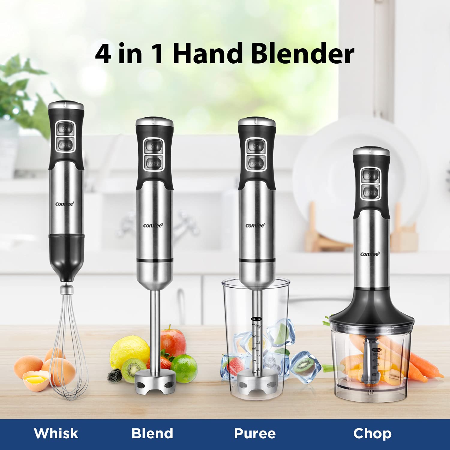 Comfee' Immersion Hand Blender, Brushed Stainless Steel, Multipurpose Stick Blender With 500 Watts, 600Ml Beaker, 500Ml Chopper And Whisk, Perfect For Baby Food, Smoothies, Sauces And Soups, Black