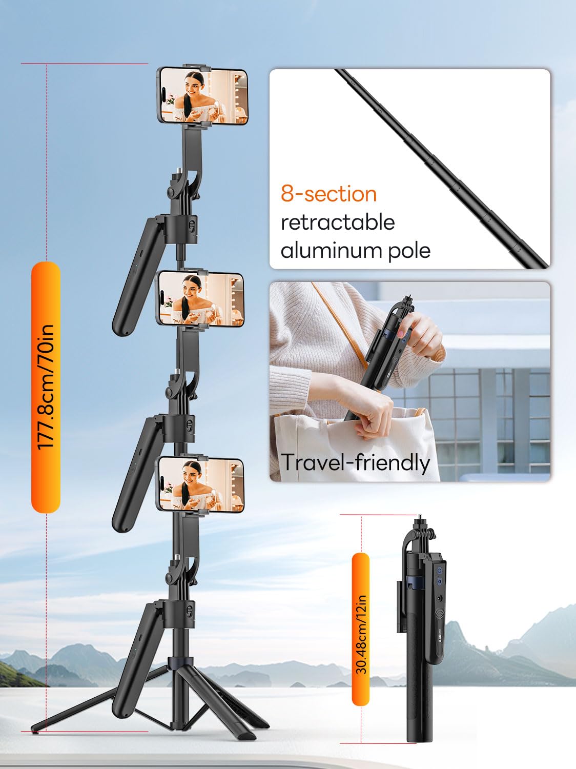 Uskeyvision 70” Auto Face Tracking Tripod, Extendable 360° Rotation Phone Tripod For Iphone And Android, Selfie Stick For Iphone W/Remote Control,Phone Holder Video Recording For Tiktok(Utk-01)