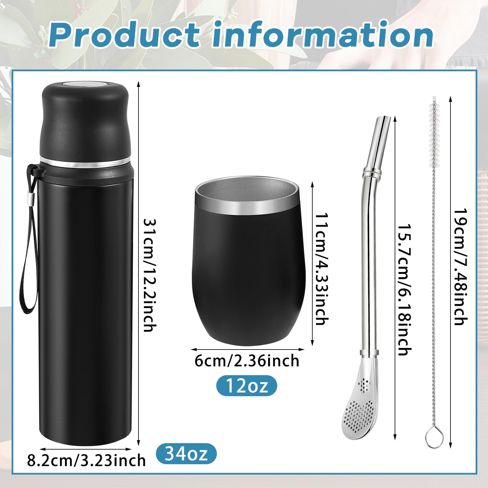Dandat 2-Piece Yerba Mate Cup And Vacuum Bottle Kit - 12 Oz Yerba Mate Gourd Cup
