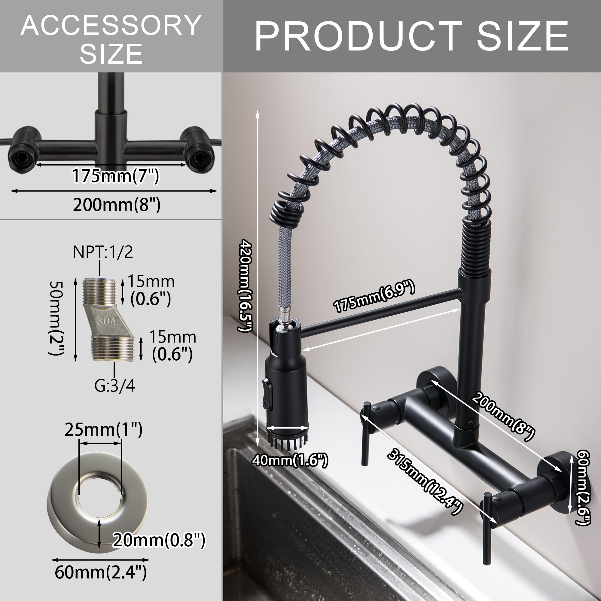 Subeixi Wall Mount Kitchen Faucet, 8 Inch Center Wall Mounted Kitchen Faucets With 3 Functions Sprayer, Matte Black
