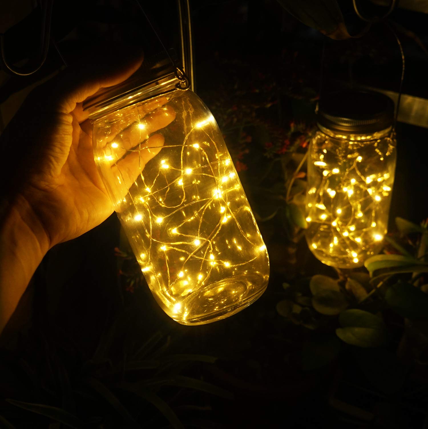 Aubasic Solar Mason Jar Lights, Large Size Bigger Glass Mason Jar With 30 Leds Fairy Firefly String Lights, Patio Yard Desktop Party Decor Outdoor Solar Hanging Lanterns (2-Pack)