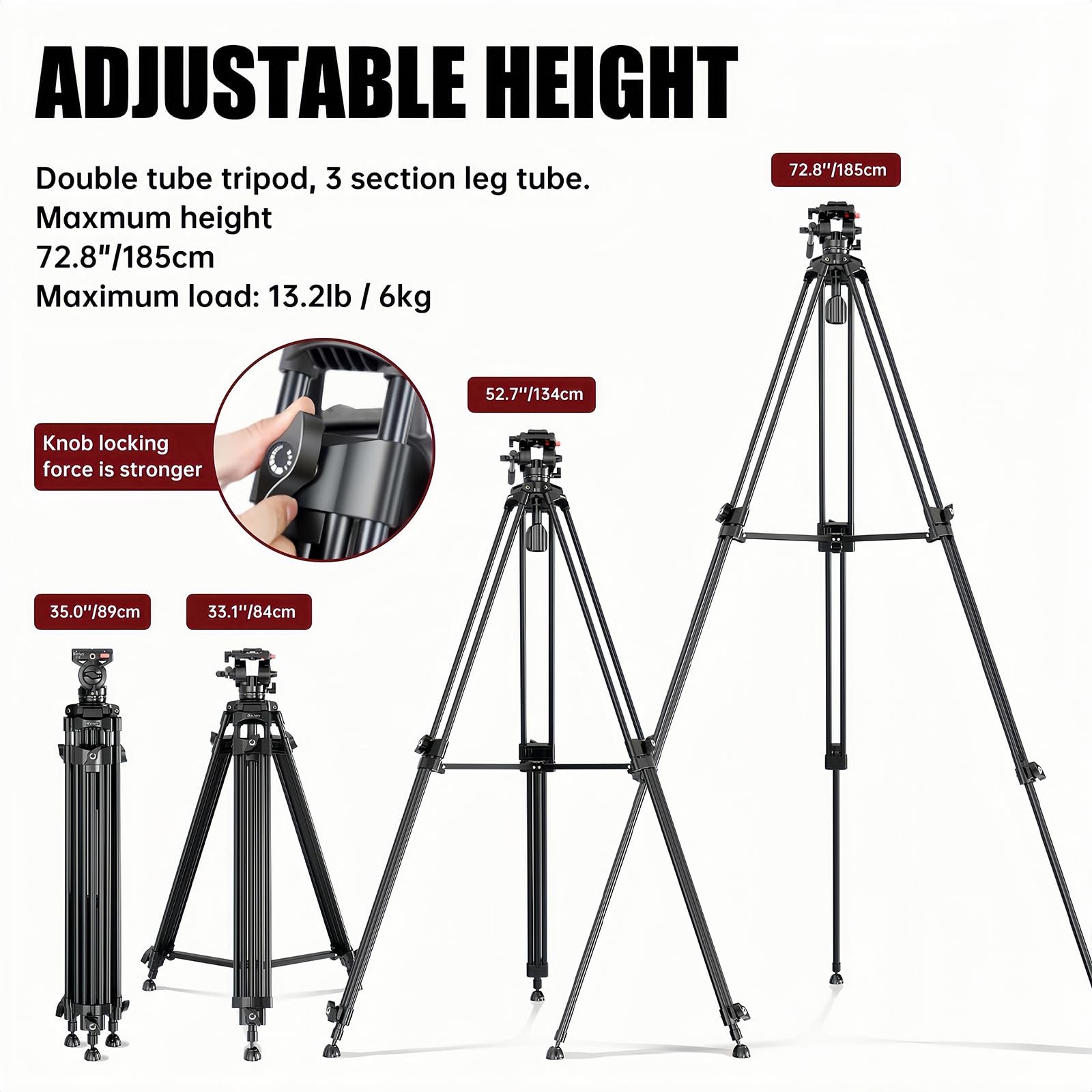 Sachery Video Tripod With 360° Fluid Head (Bv185), Heavy Duty Tripod 72.8'' Aluminum Alloy Camera Tripodt, Lift Rope, Load Up To 6Kg/ 13.2 Lbs, Lightweight At Only 6.3 Lbs