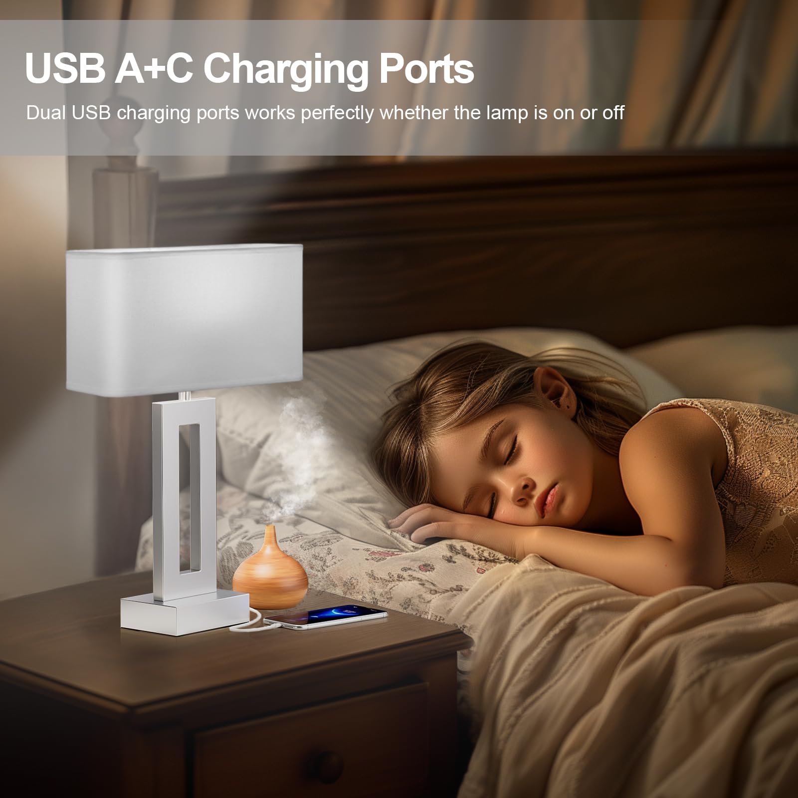 Seealle Bedroom Table Lamps Set Of 2 - White Silver Touch Bedside Lamps With Usb C+A, 3 Way Dimmable Gold Lamp For Nightstand, Modern Night Stands Lamps For Living Room End Tables