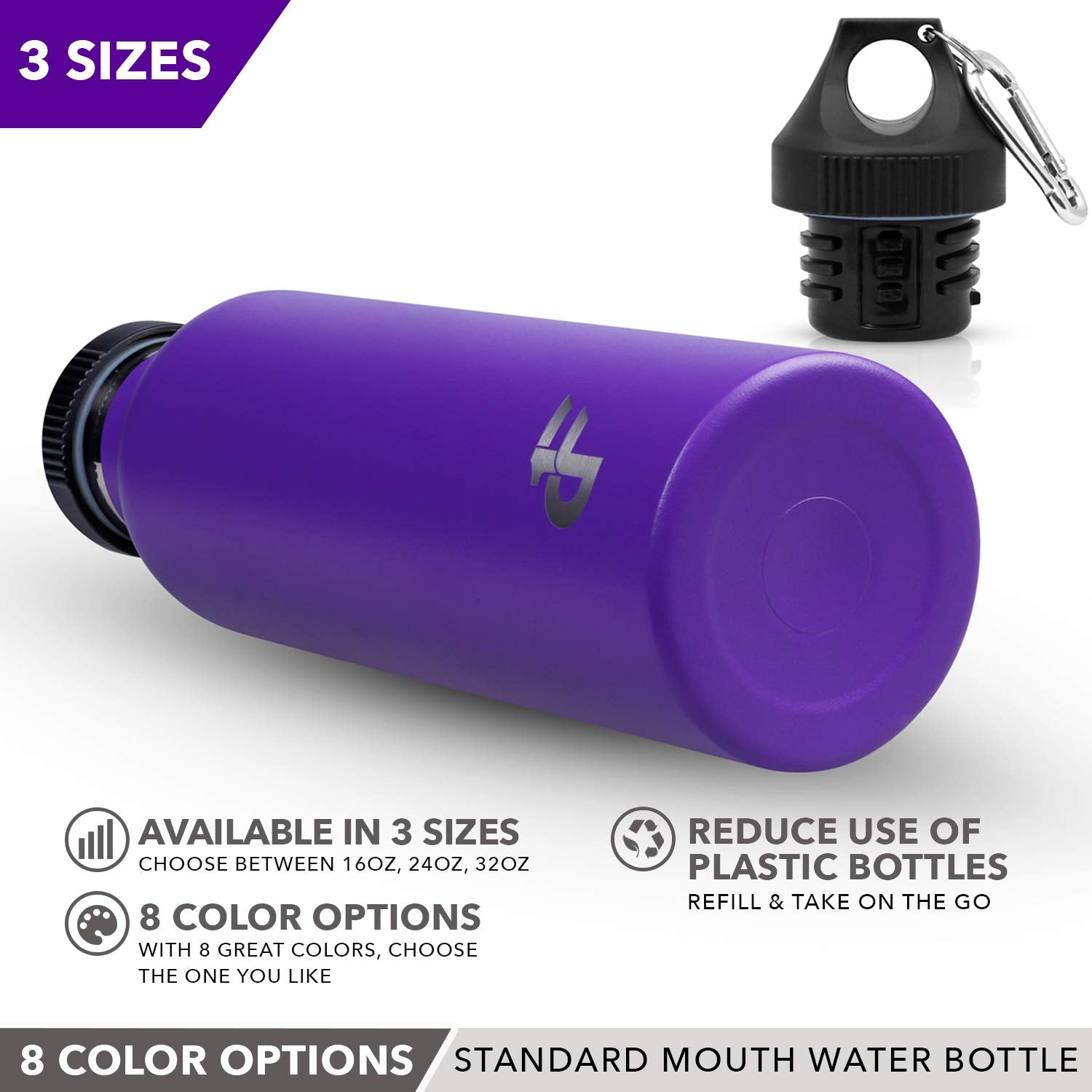 Day 1 Fitness Stainless Steel Water Bottle Standard Mouth, Carabiner Clip (16, 24, Or 32Oz) 3 Size