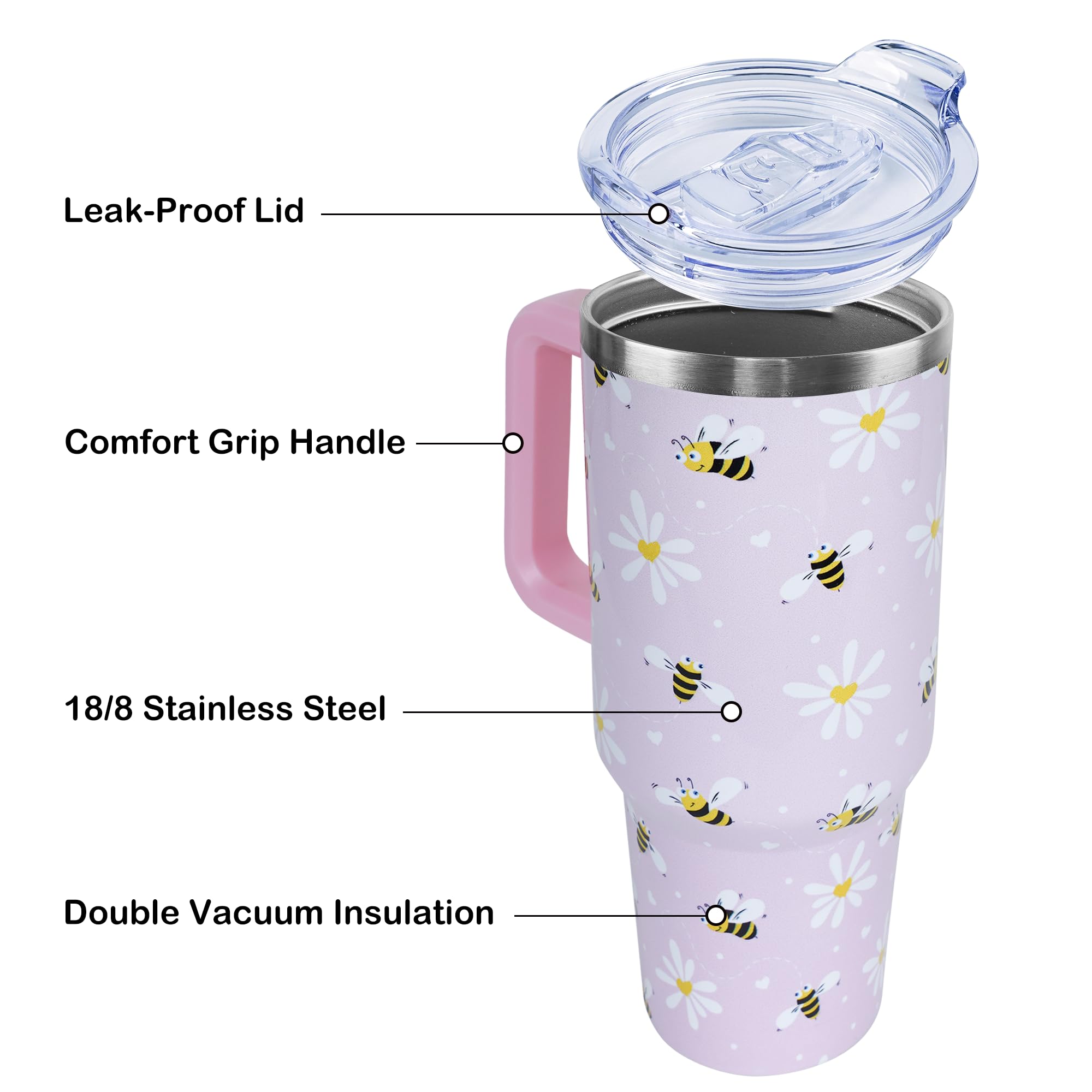 40 Oz Cute Daisy Bee Tumbler With Handle And Straw, Stainless Steel Insulated Cup With Lid