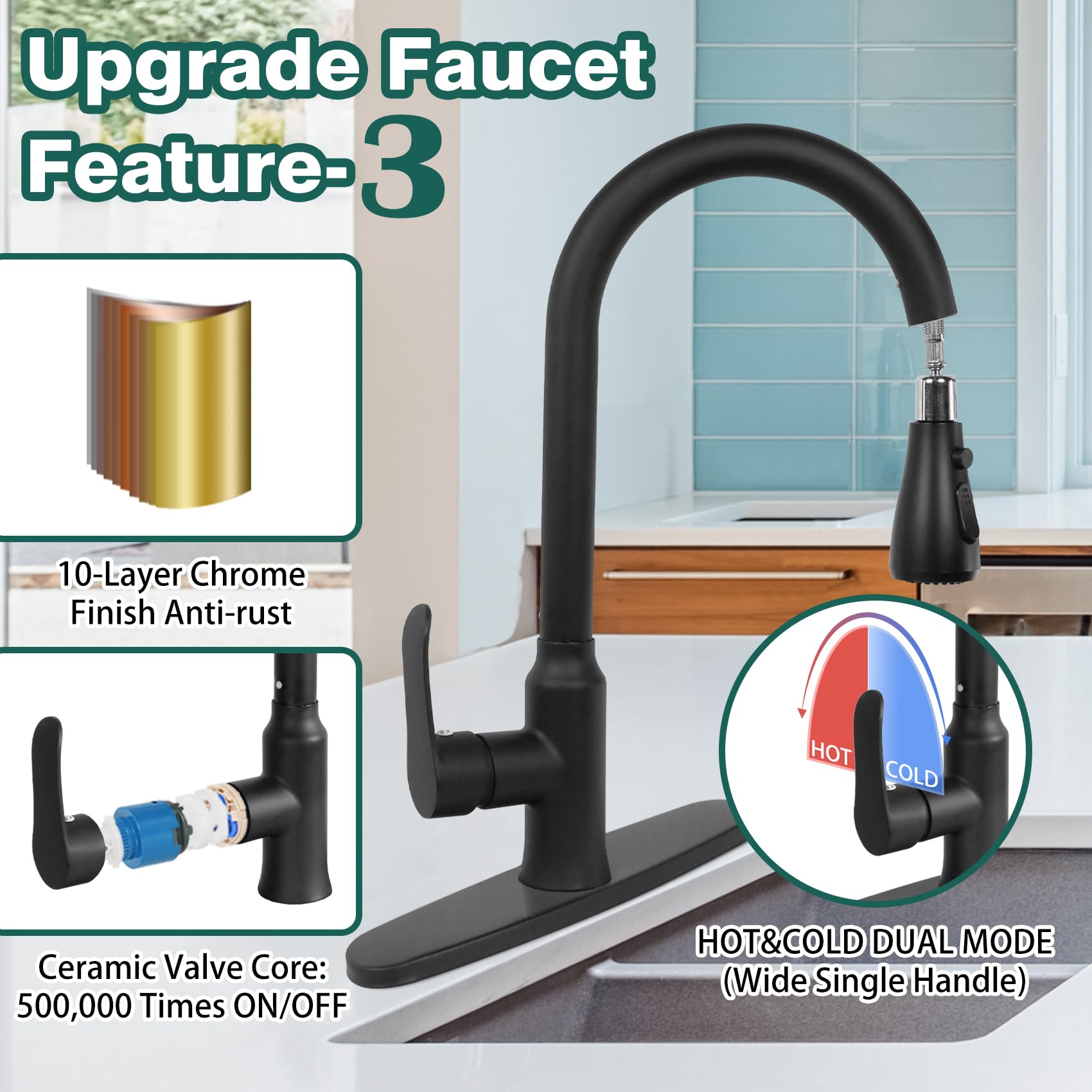Makein Black Kitchen Sink Faucet, Kitchen Faucet With Pull Down Sprayer, Stainless Steel Single Handle Faucet For Kitchen Sink With Deck Plate, Fitted For Rv, Bar, Laundry, Apartments, Farmhouse