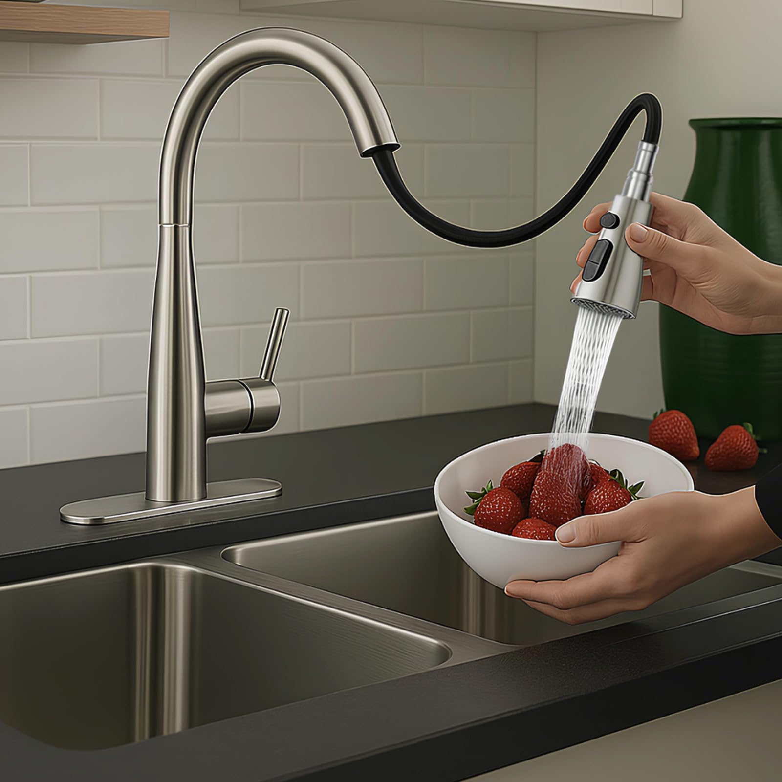 Puretap Brushed Nickel Kitchen Faucet, 18-Inch High Arc Kitchen Faucets With Pull Down Sprayer, Kitchen Sink Faucet, Faucet For Kitchen Sink Spray Head