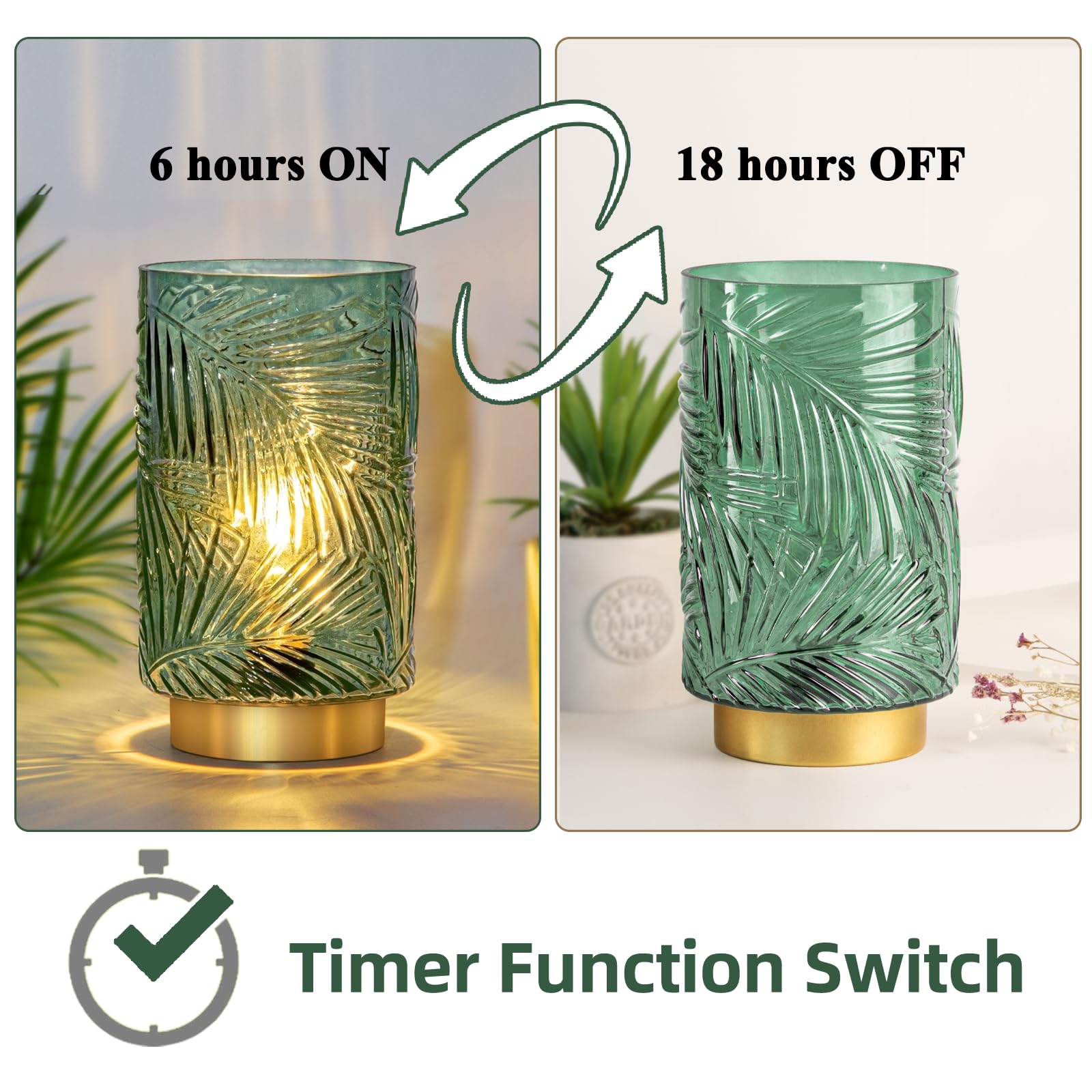 Mj Premier Battery Operated Table Cordless Lamps For Home Decor, Nightlight With Led Bulb With Timer, Decorative Lights For Living Room Bedroom Tabletop Entryway Centerpiece (L Green)