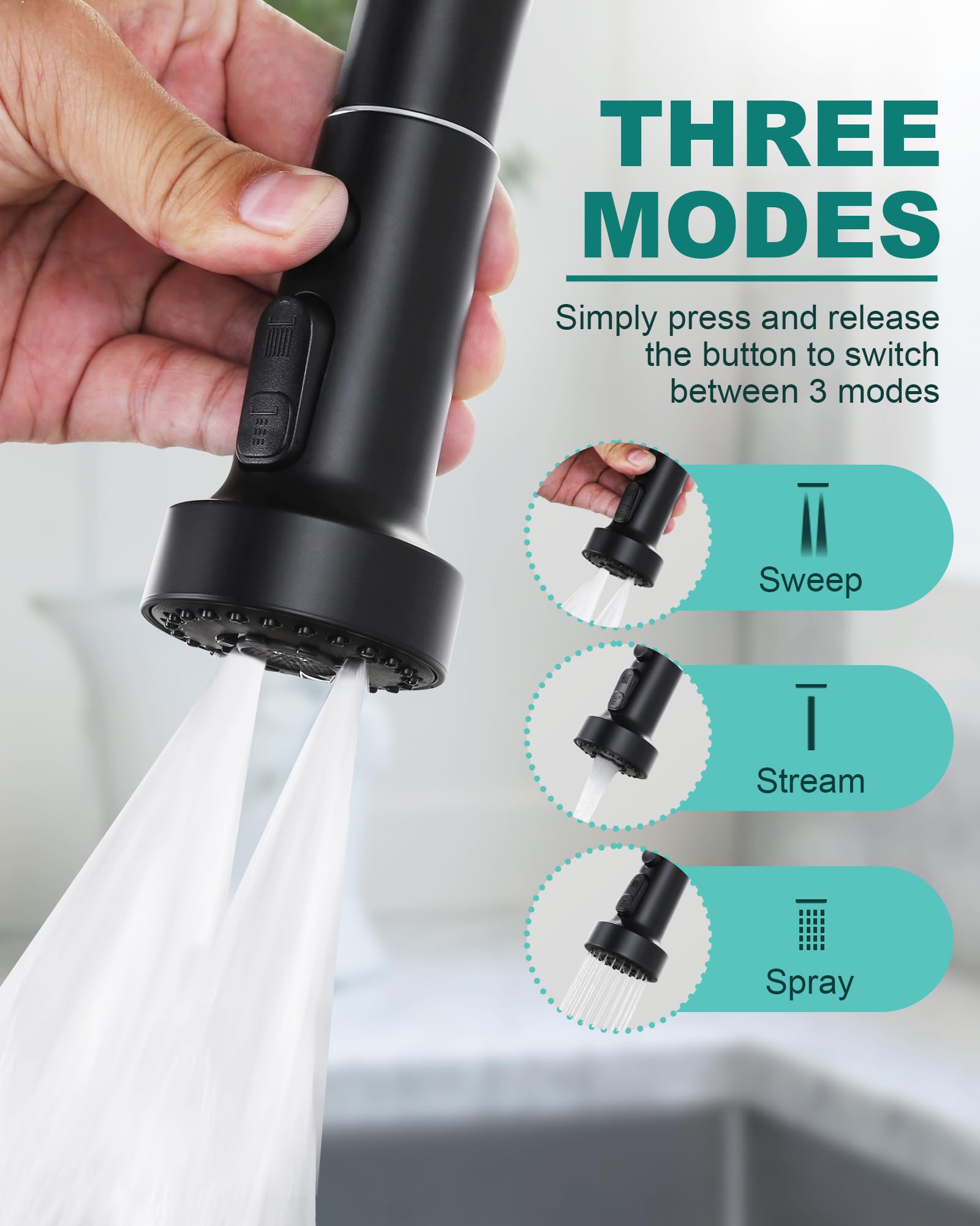 Arcora Pull Down Faucet Head Replacement: 3-Function Kitchen Faucet Sprayer Head Replacement With 9 Adapters - Matte Black Sink Faucet Head Compatible With Moen, Delta, American Standard Faucets