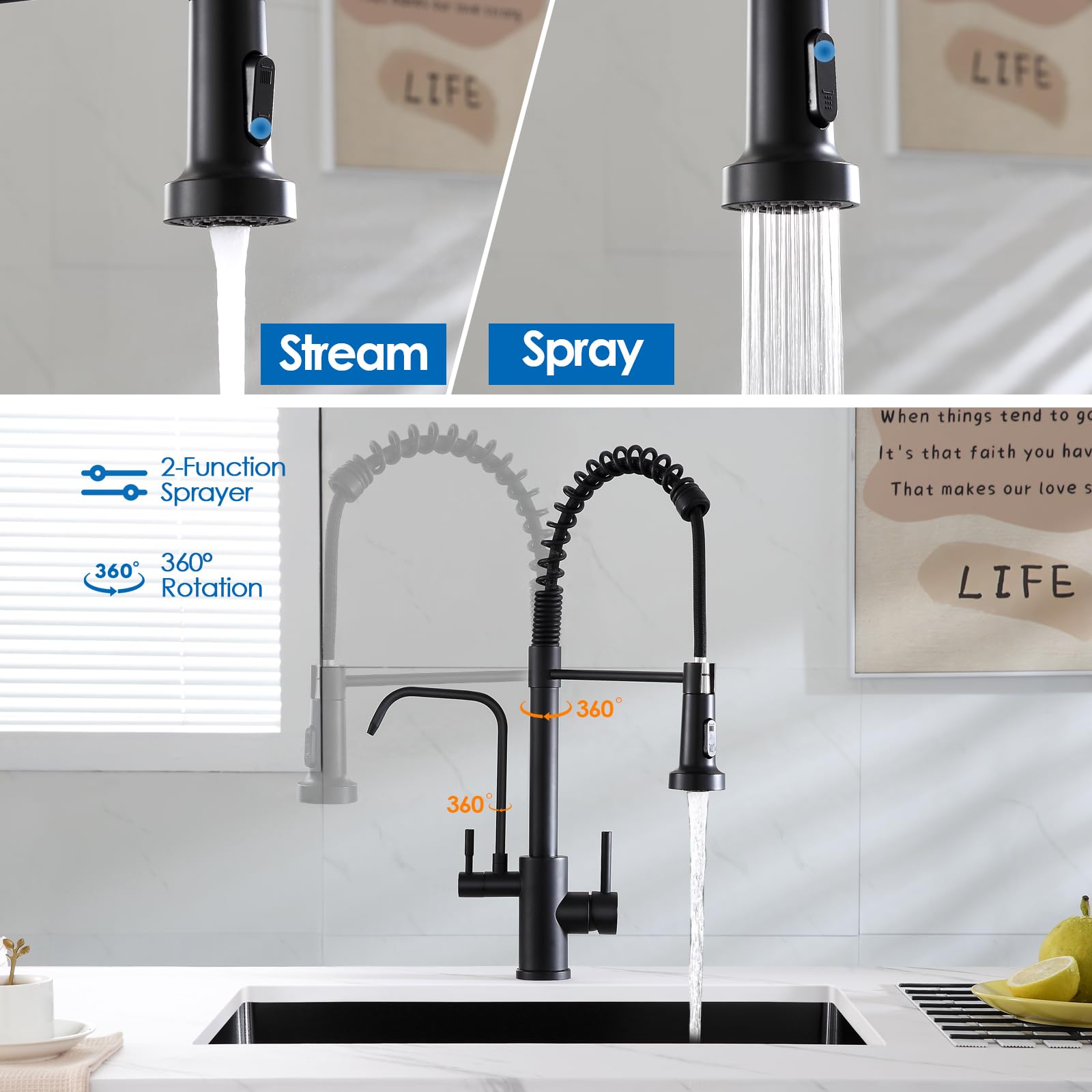Ougoo 3 In 1 Kitchen Faucet With Drinking Water Faucet, 2 Handle Pull Down Kitchen Sink Faucet Water Filter Purifier Faucets, Black