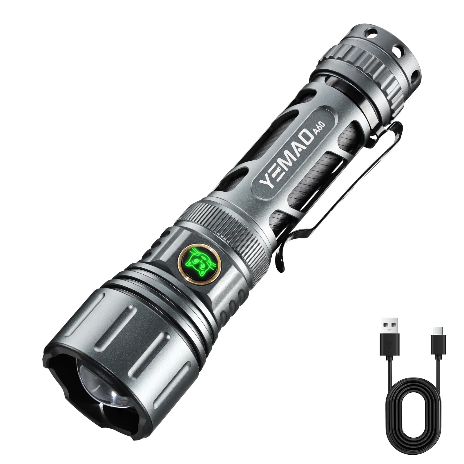 Yemao Tactical Flashlight 1500 Lumens Rechargeable With Type-C Fast Charging, 5 Modes, Telescopic Zoom, Waterproof, Compact Handheld Flashlight For Camping, Hiking, Hurricane Prep