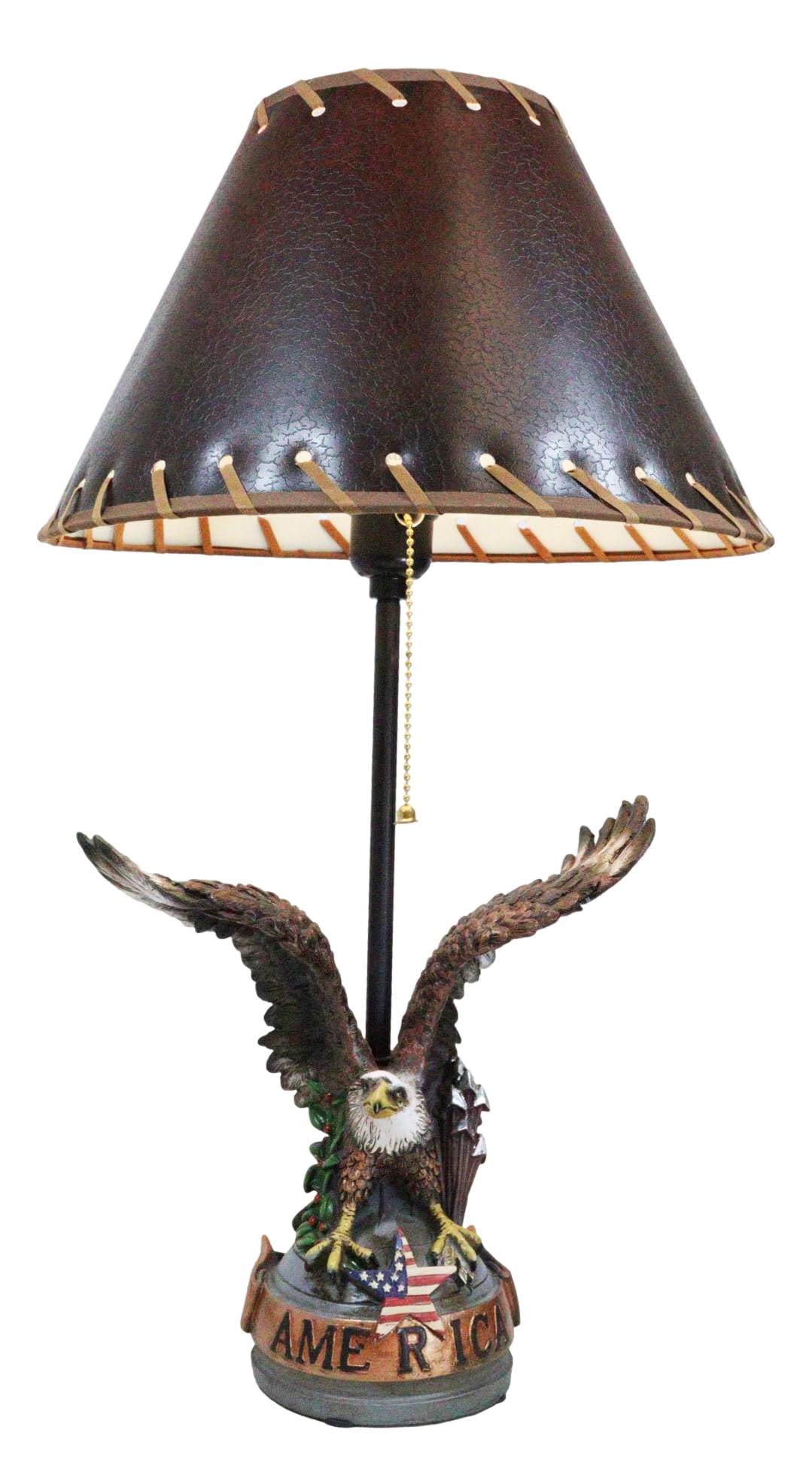 Ebros Gift Rustic Memorial Patriotic American Flag Star Wings Of Glory Flying Bald Eagle Memorial Desktop Side Table Lamp With Brown Faux Leather Laced Shade