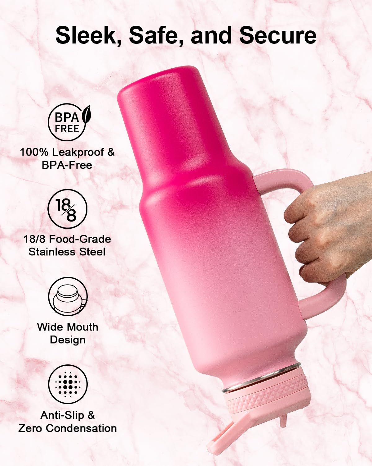 Trebo 40 Oz Water Bottle Insulated With Handle, Leakproof Keep 24Hrs Cold &Hot,Stainless Steel