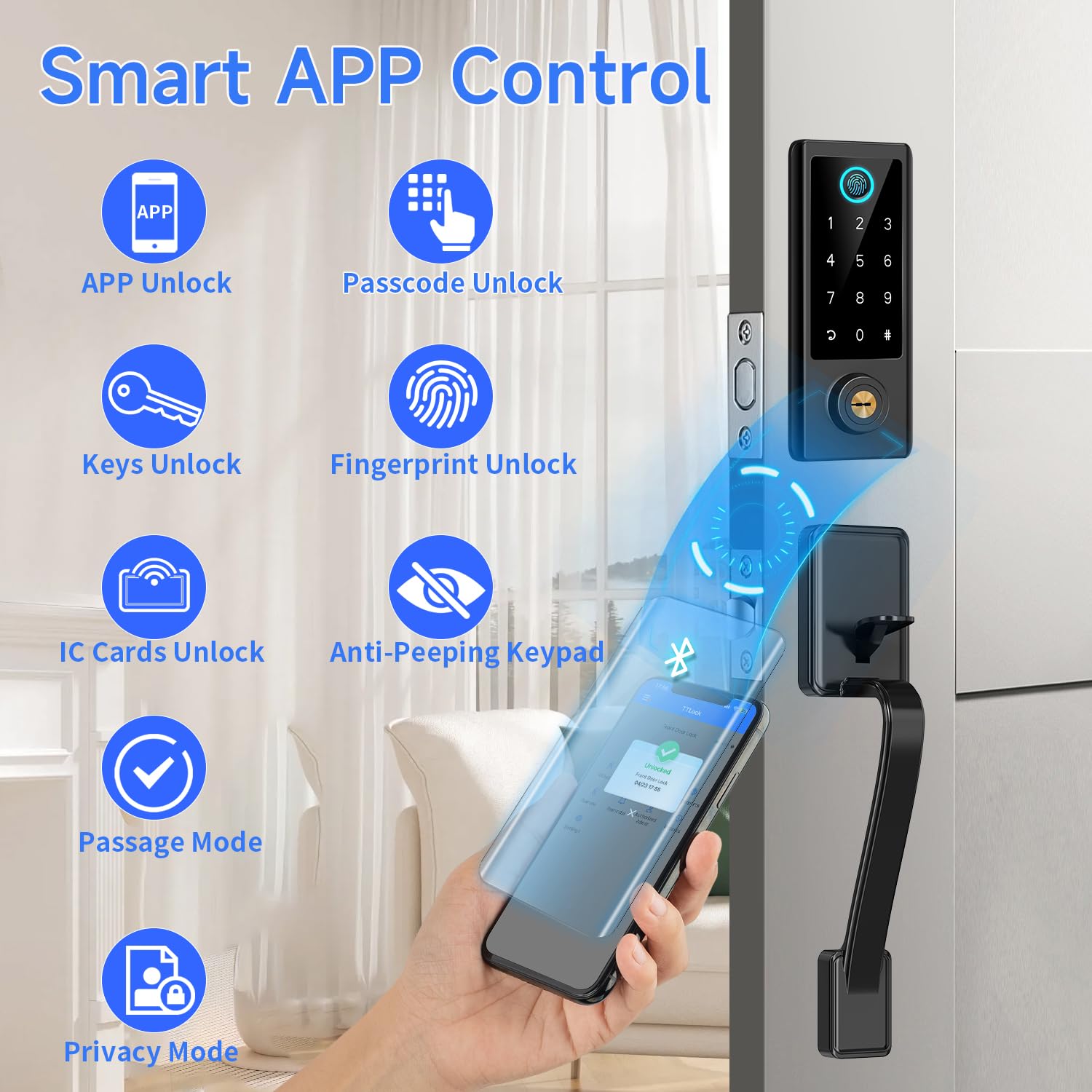 Bebasia Fingerprint Door Lock For Front Door With Handle Set, App Control, Smart Keyless Entry Digital Electronic Keypad Touchscreen Deadbolt, Easy Install, Auto Lock, Black