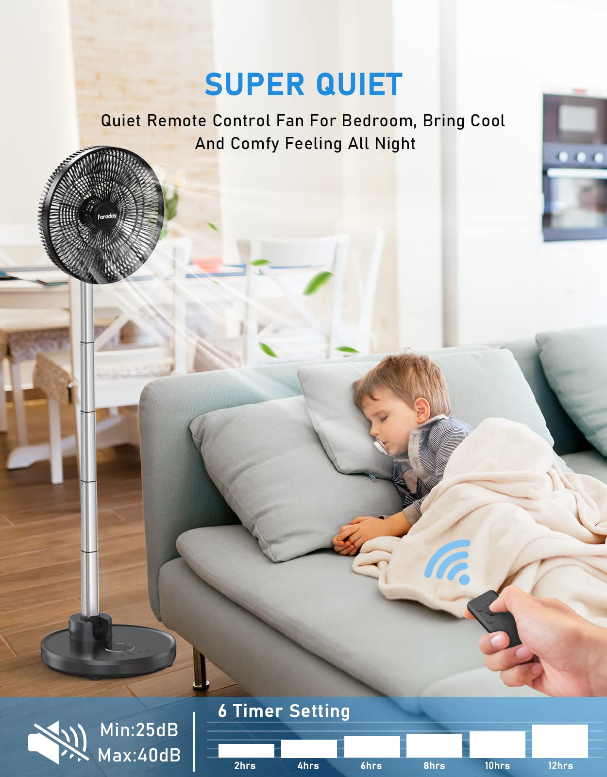 Faraday Oscillating Standing Fan 12” Foldable Portable Quiet Floor Fan 12000Mah Rechargeable