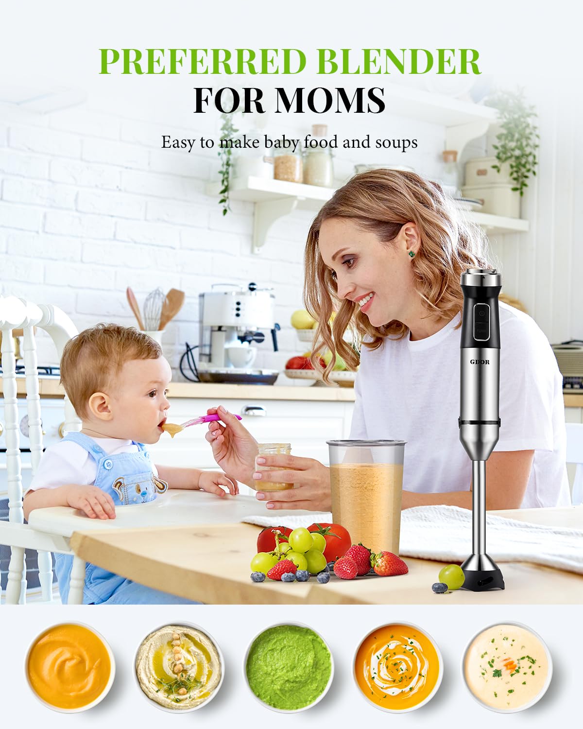 Gdor 6-In-1 Immersion Blender Handheld 1000W 20-Speed & Turbo Mode, Scratch Resistance Hand Blender With Dough Hooks, Egg Beaters, Whisk, 800Ml Beaker, 600Ml Chopper Titanium Blades, Bpa-, Silver