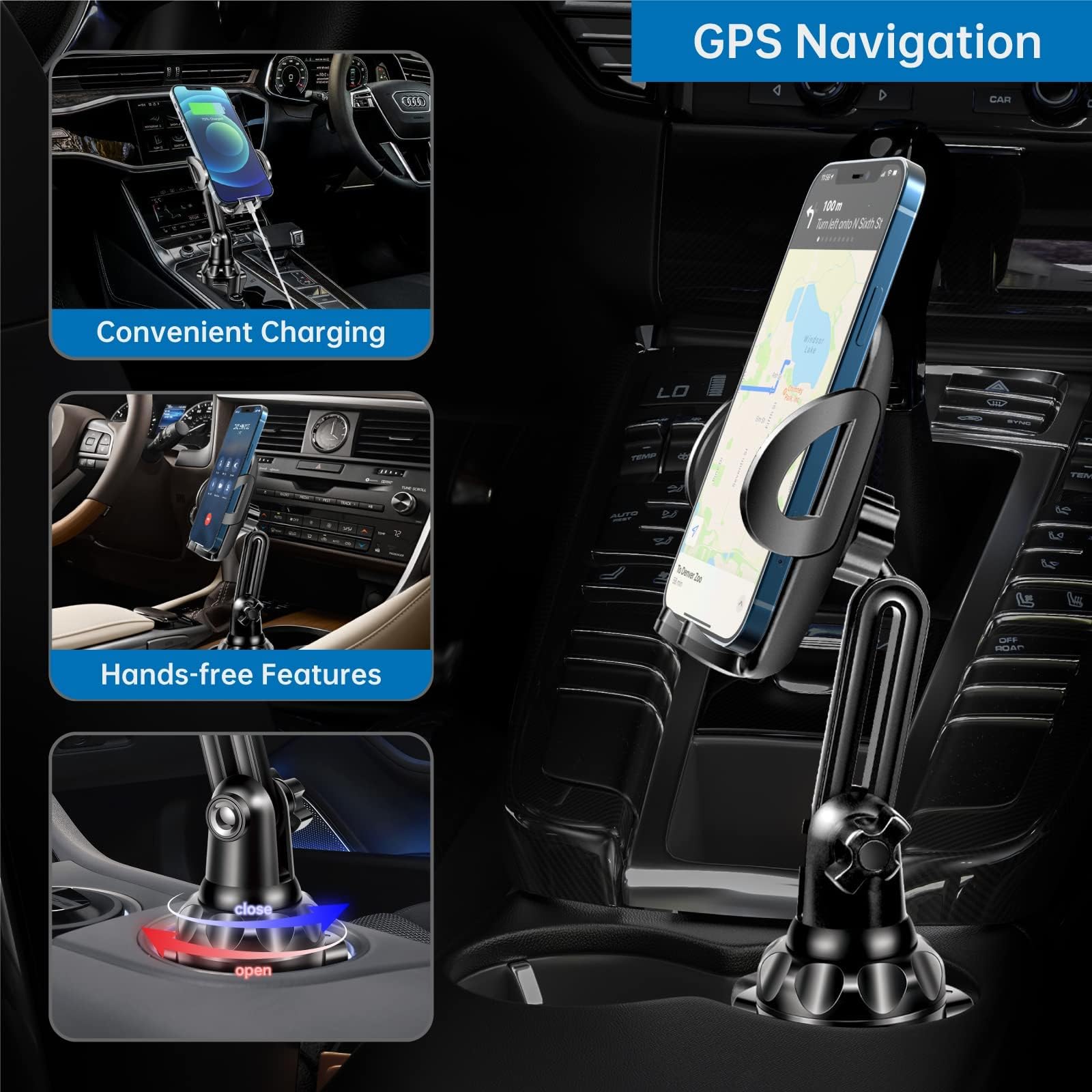 Topgo Cup Phone Holder For Car, [No Shaking & Stable & Adjustable Pole] Car Cup Phone Mount, Compatible With Iphone 16 And All 4.0-7.0 Inches Smartphones - Black