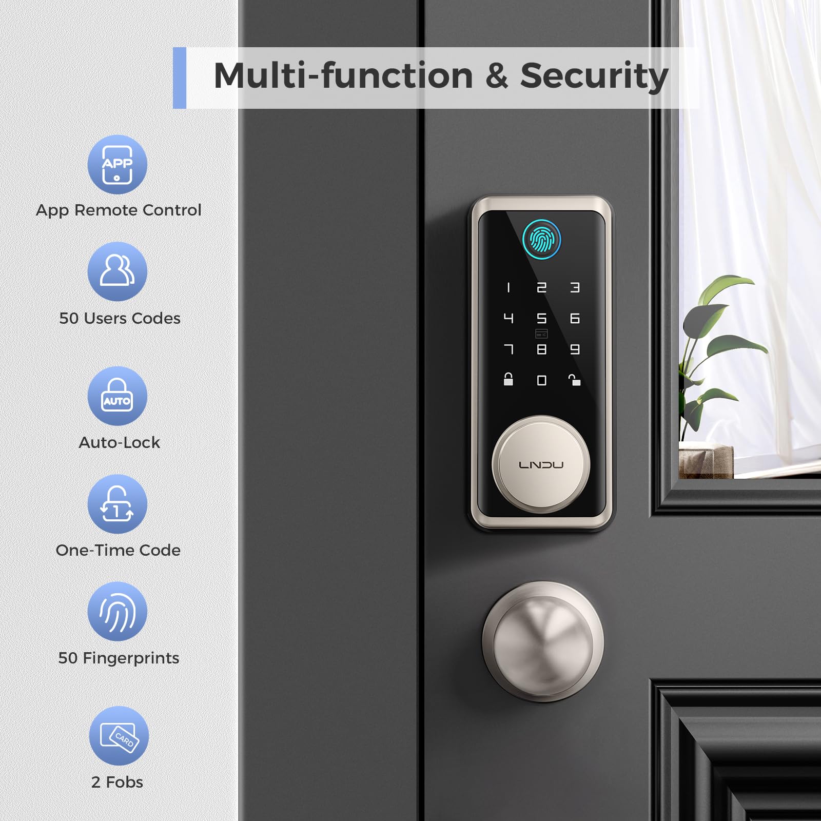 Lndu Wifi Keyless Entry Door Lock Deadbolt With Handle Set: App Remote Control Fingerprint Front Door Lock Set, Smart Deadbolt Locks For Front Door With Gateway Bridge, Fob Unlock, Auto Lock