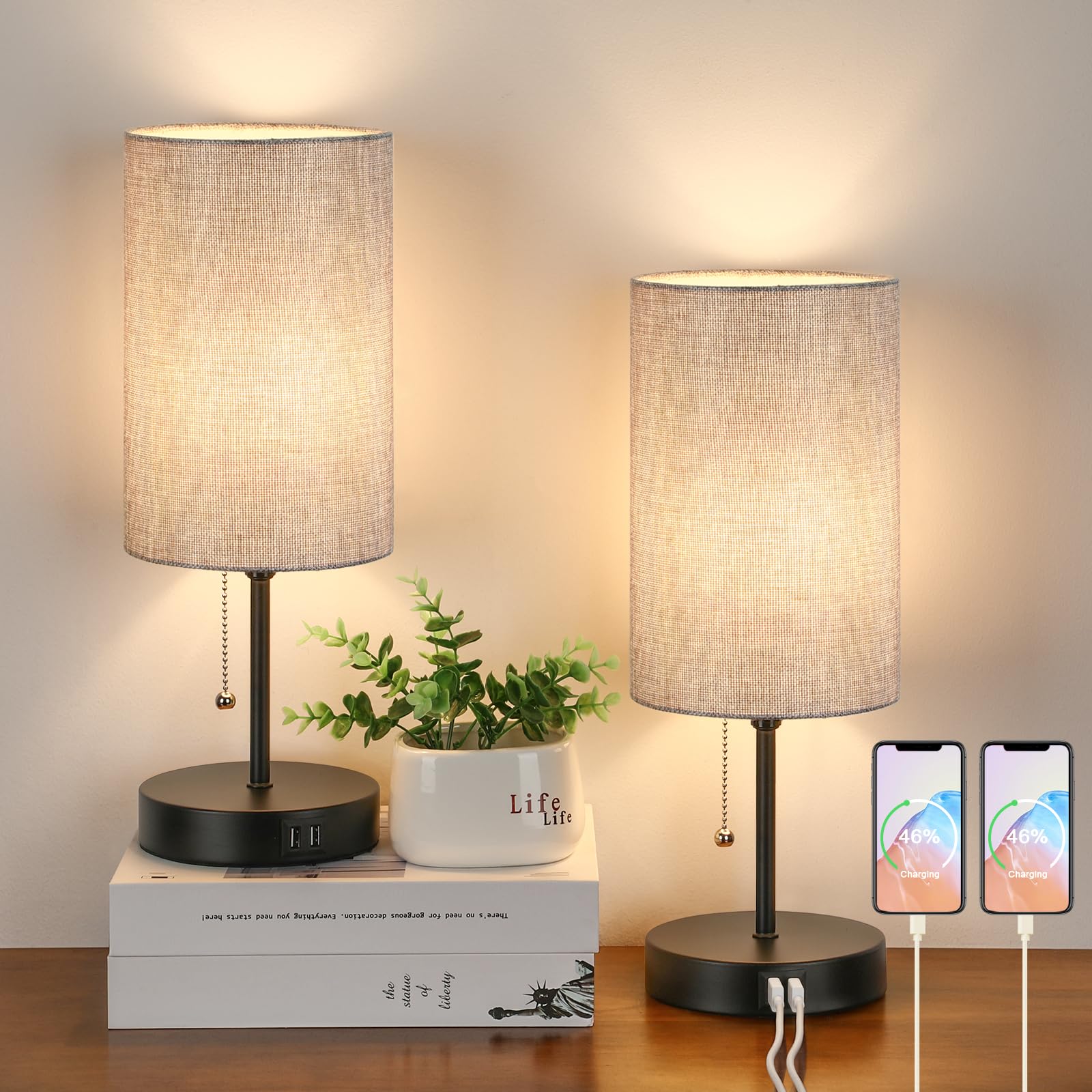 Lakumu Modern Table Lamps Set Of 2, Grey Fabric Shade And Black Metal Base For Living Room Bedroom Office Reading Dorm Hotel
