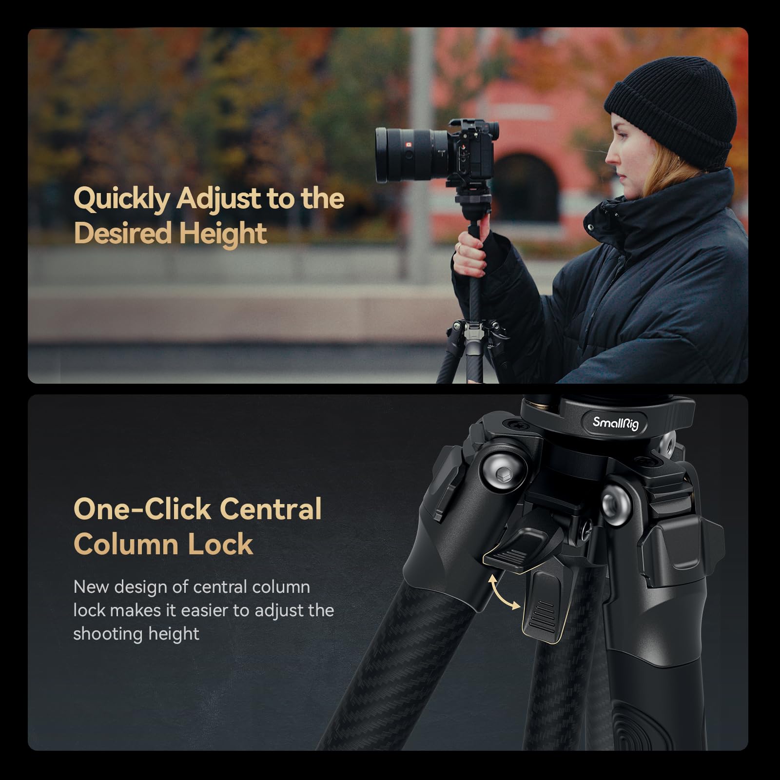 Smallrig Ap-100 rover Carbon Fiber Tripod, 59" Photography Tripods With One-Step Tightening System, Multi-Compatible Mount Plate, Professional Travel Tripod Max Load 17.6 Lbs For Camera