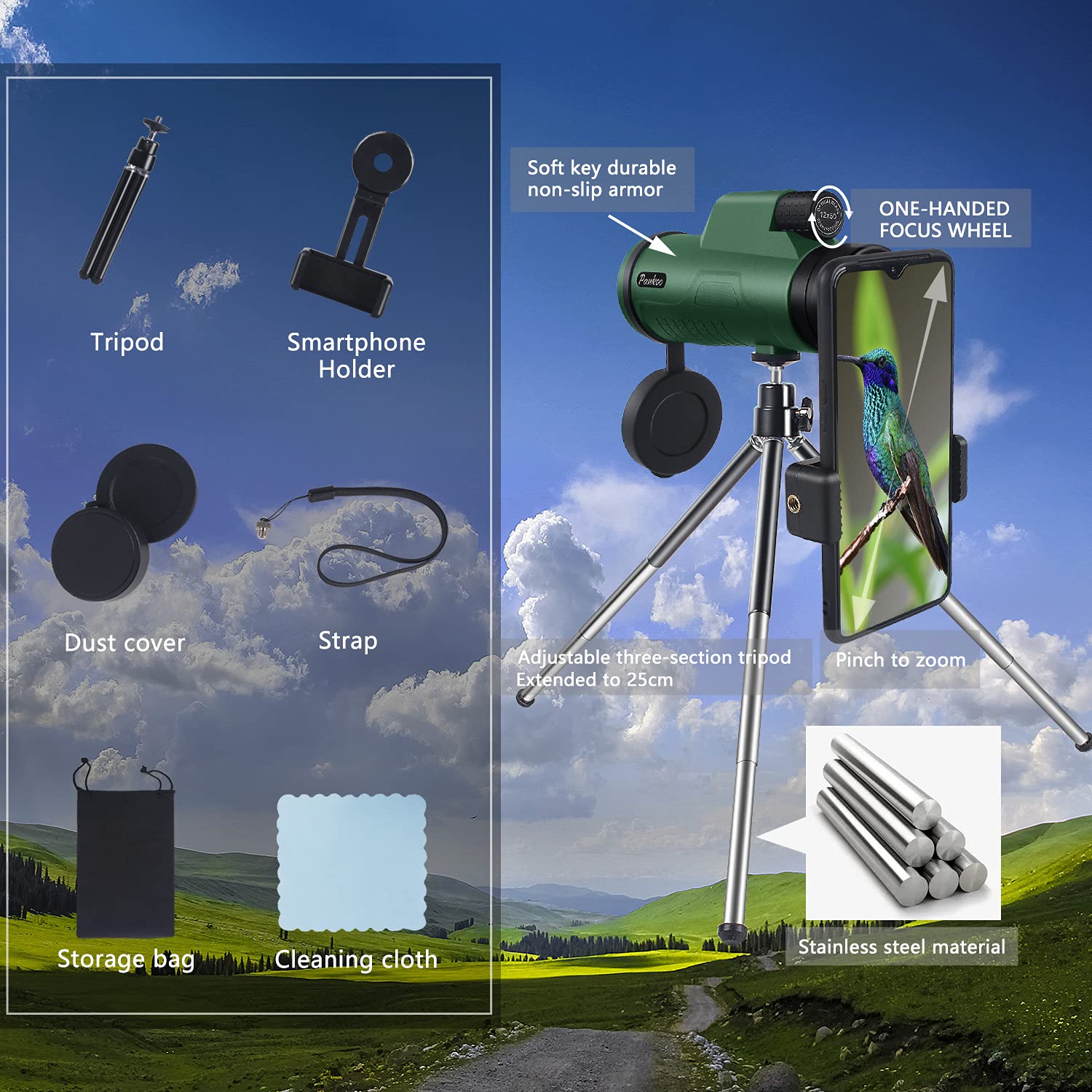 Pankoofamily 12X50 Hd Monocular High Power Monocular Telescope For Adults, Monoculars For Wildlife Bird Watching Hunting Camping Travel Scenery With Smartphone Holder & Tripod
