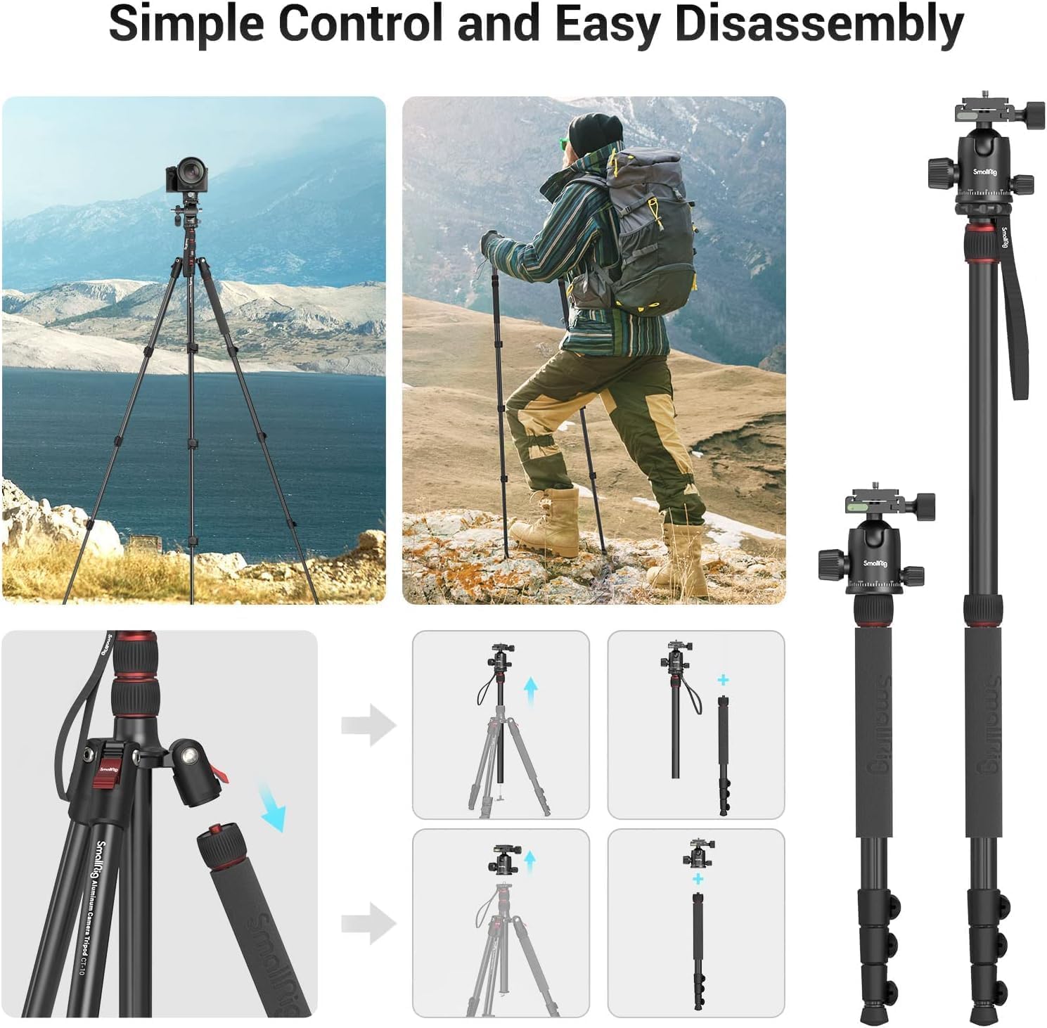 Smallrig Ct-20 Camera Tripod, 78.7" Foldable Aluminum Tripod & Monopod, 360°Ball Head Detachable, Payload 33Lb (200Cm/78.7")
