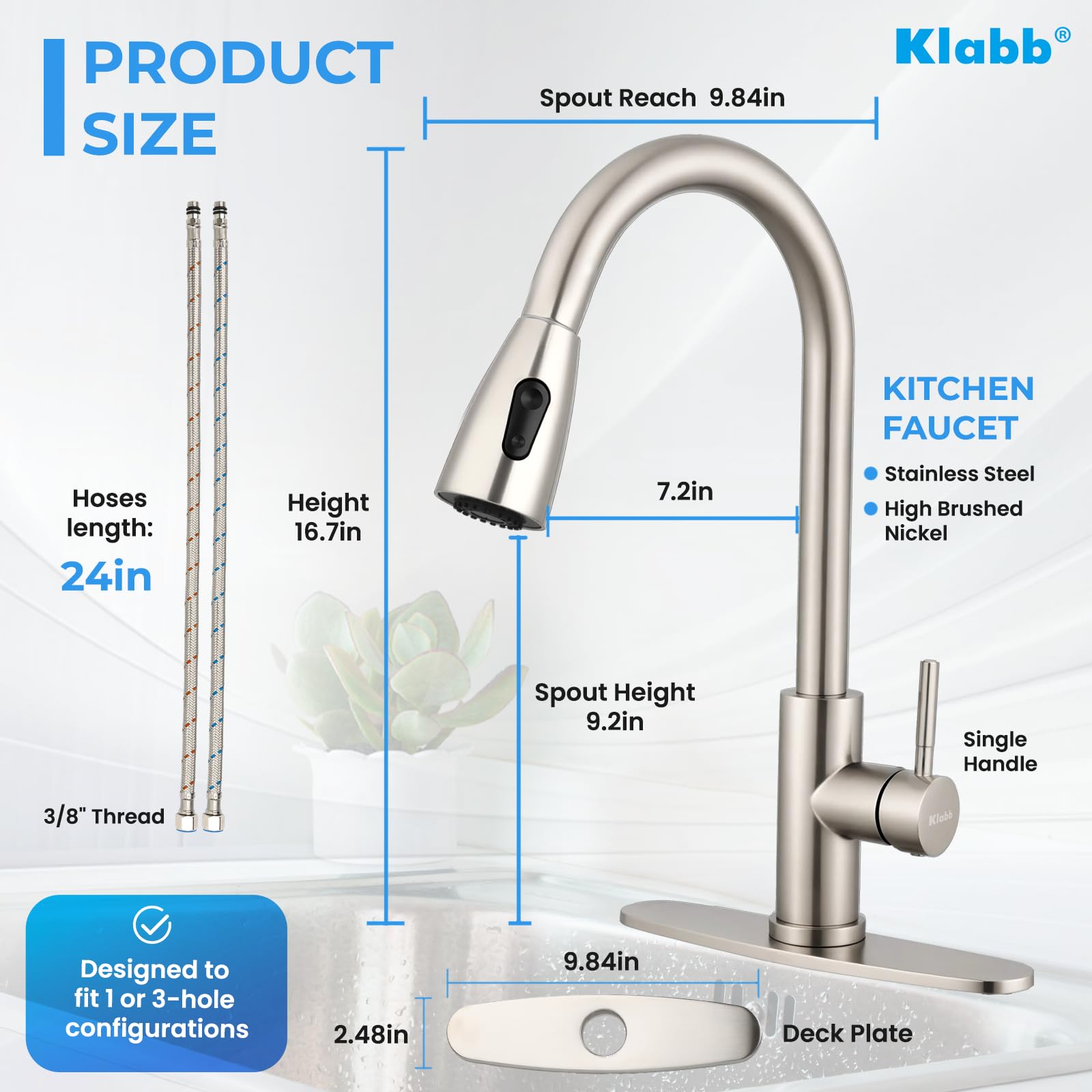 Klabb Stainless Steel Faucet Single Handle High Brushed Nickel Pull Out Kitchen Faucet,Single Level Stainless Steel Kitchen Sink Faucets With Pull Down Sprayer