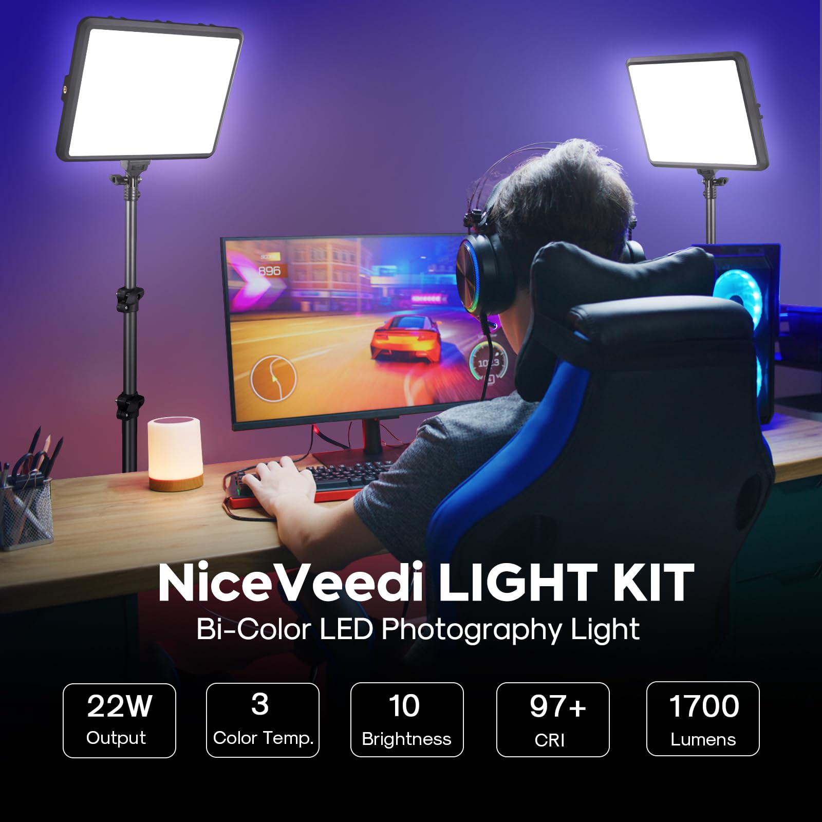 Niceveedi 2-Pack Photography Lighting Kit, 22W Led Video Light Kit, 2900-7000K Dimmable Studio Light With Tripod Stand, 73" Stream Light For Video Recording