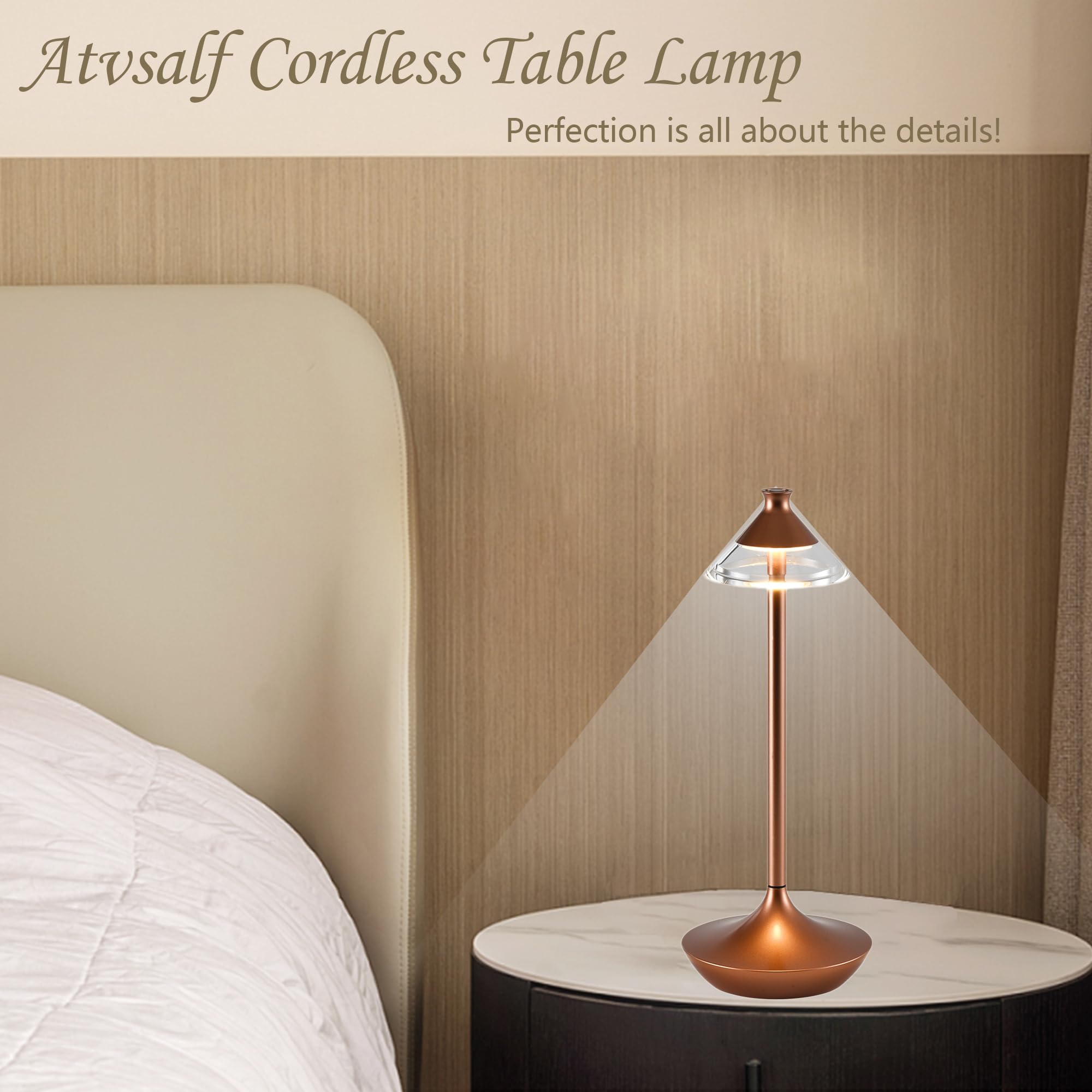 Atvsalf Rechargeable Cordless Touch Lamps,Battery Powered Lamp 3 Level Dimmable Table Lamp In Aluminium 3000K Rose Gold Touch Lamps For Bedroom/Bedside Lamp/Desk-004