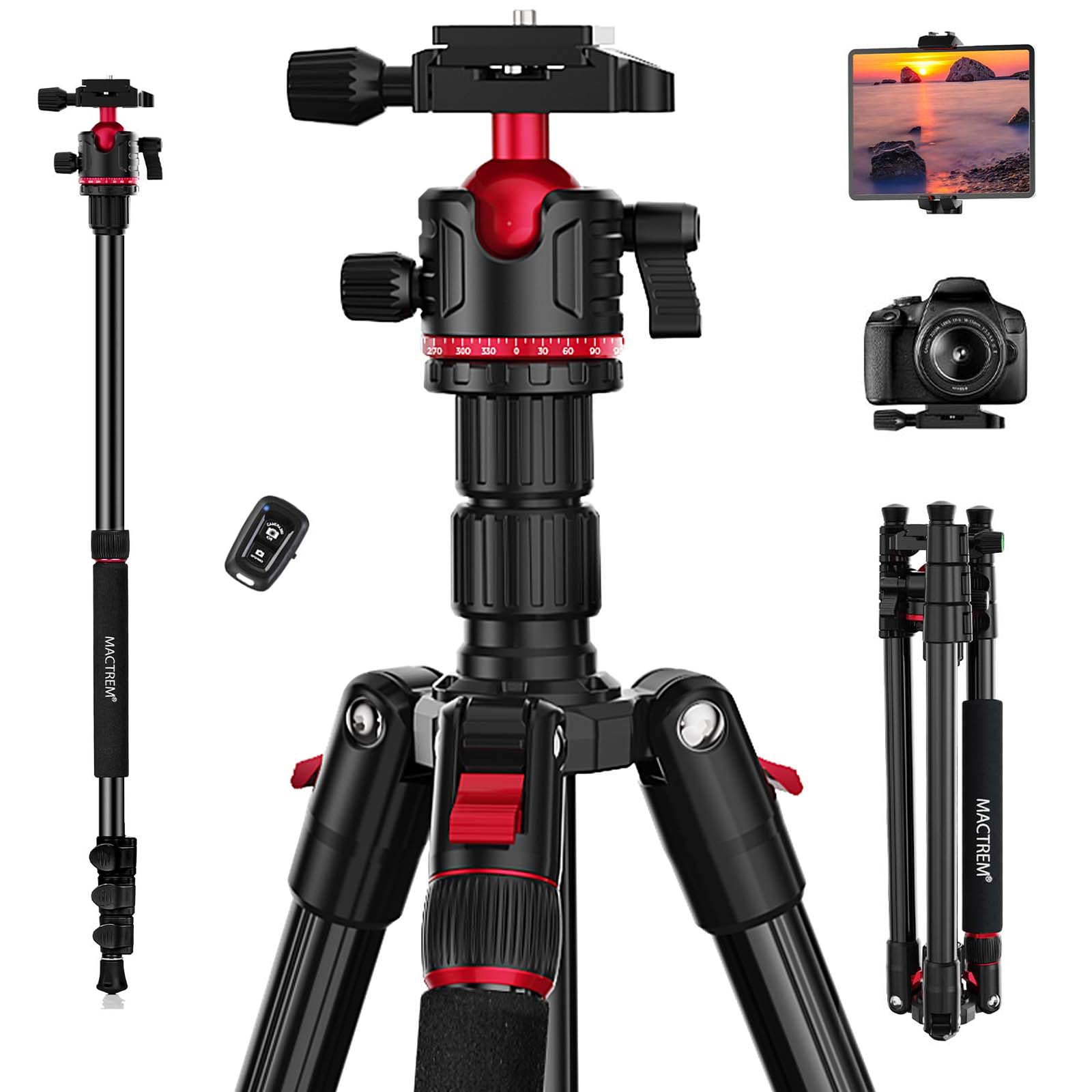 Mactrem Camera Tripod, 74 Inch/187Cm Aluminum Travel Tripod & Monopod With 360Ball Head, Lightweight For Smartphone Ipad Canon Nikon Sony Binoculars Laser Level Telescope