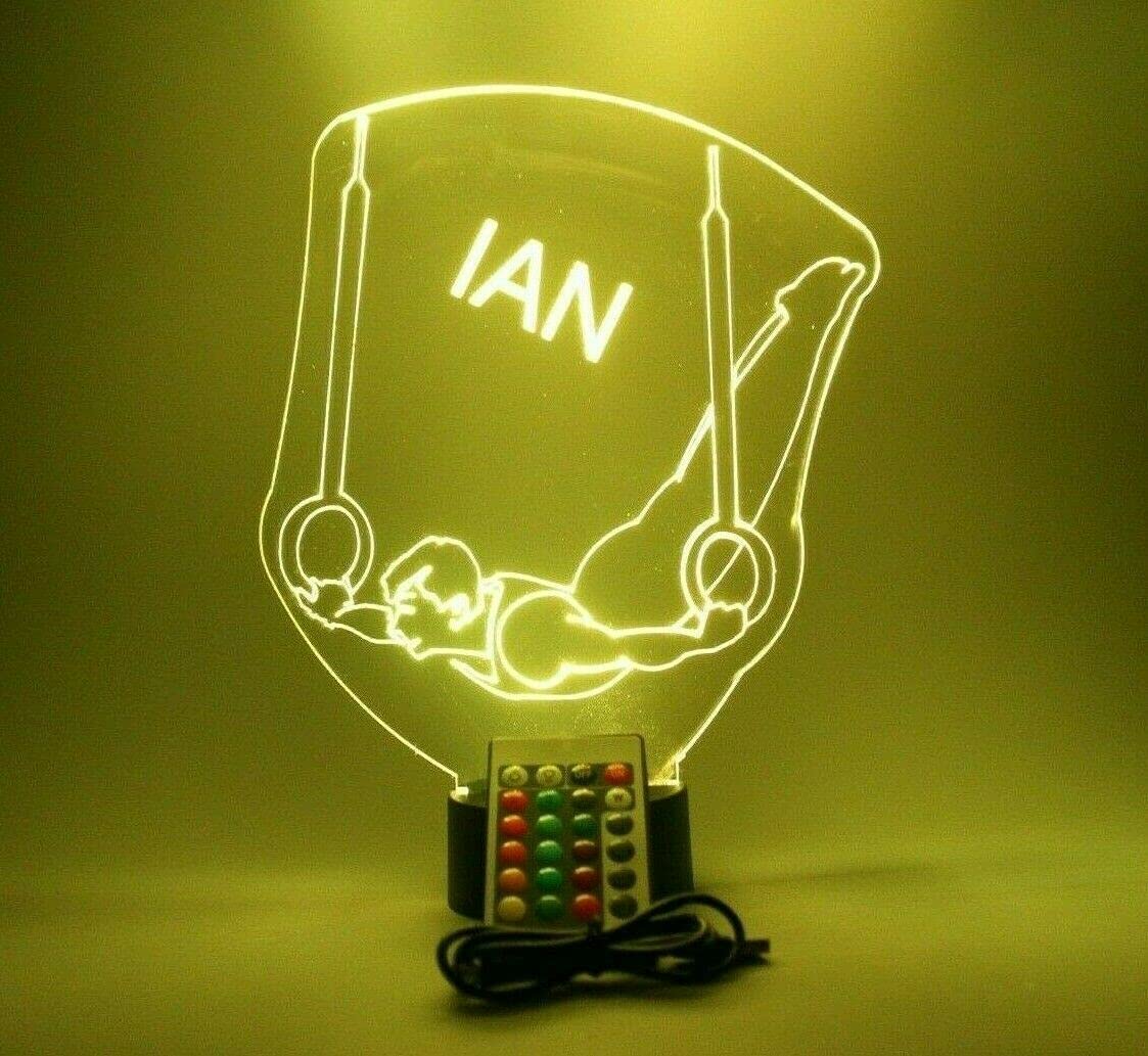 Mirror Mania Gymnast Night Light Up Table Lamp Led Personalized Name Engraved Male Boy Still Rings Gymnastics - It'S Wow, Comes With Remote, 16 Color Changing Options