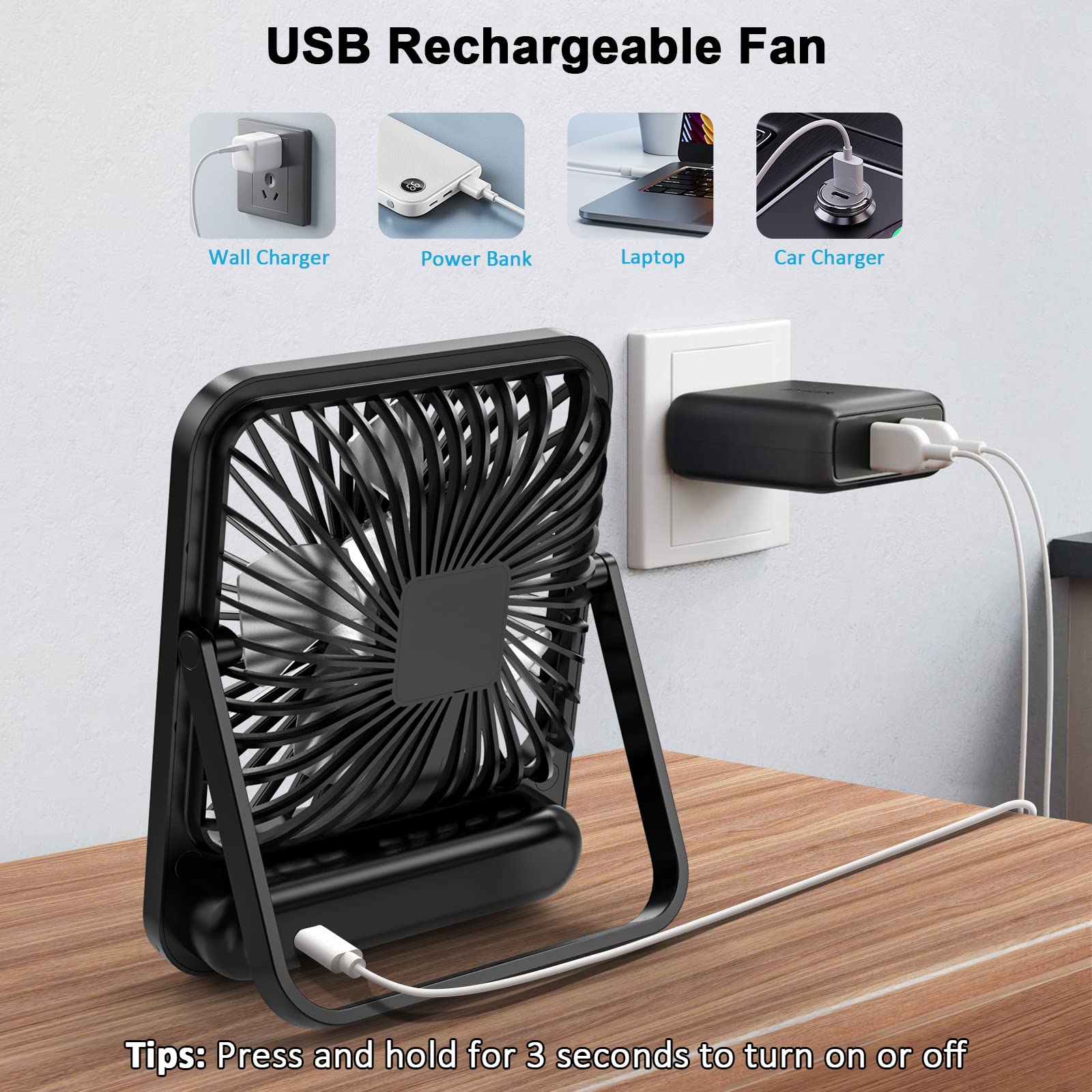 Desk Fan Battery Operated, Portable Usb Rechargeable Fan, 2000Mah 180° Tilt Folding Personal Fan