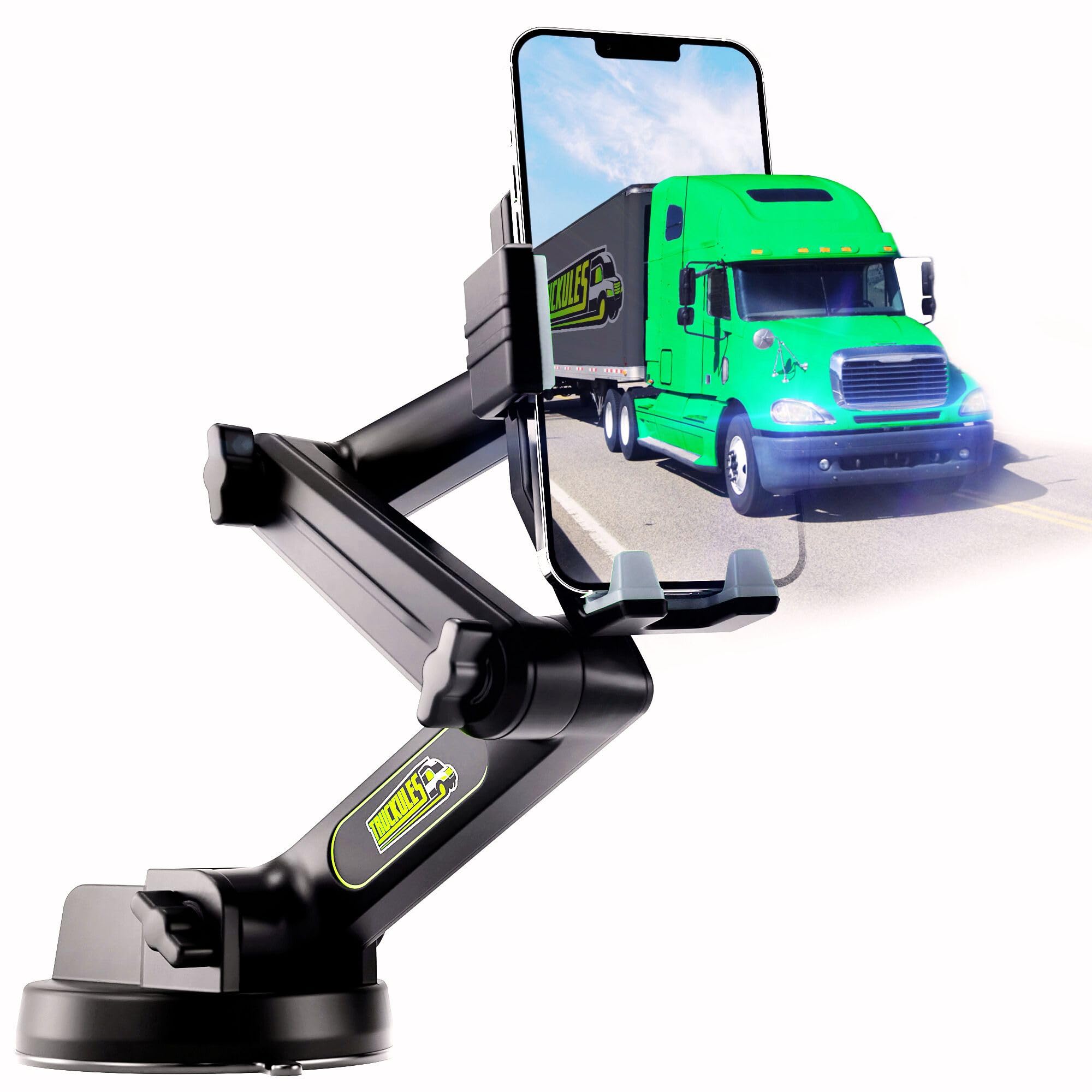 Truckules Phone Mount For Truck Phone Holder For Truck - Heavy Duty Super Suction Cup, Mobile Device Holder Dashboard Window 16.9 Inch Long Arm & Stable, Iphone & Samsung Compatible, Semi Trucker, Gray