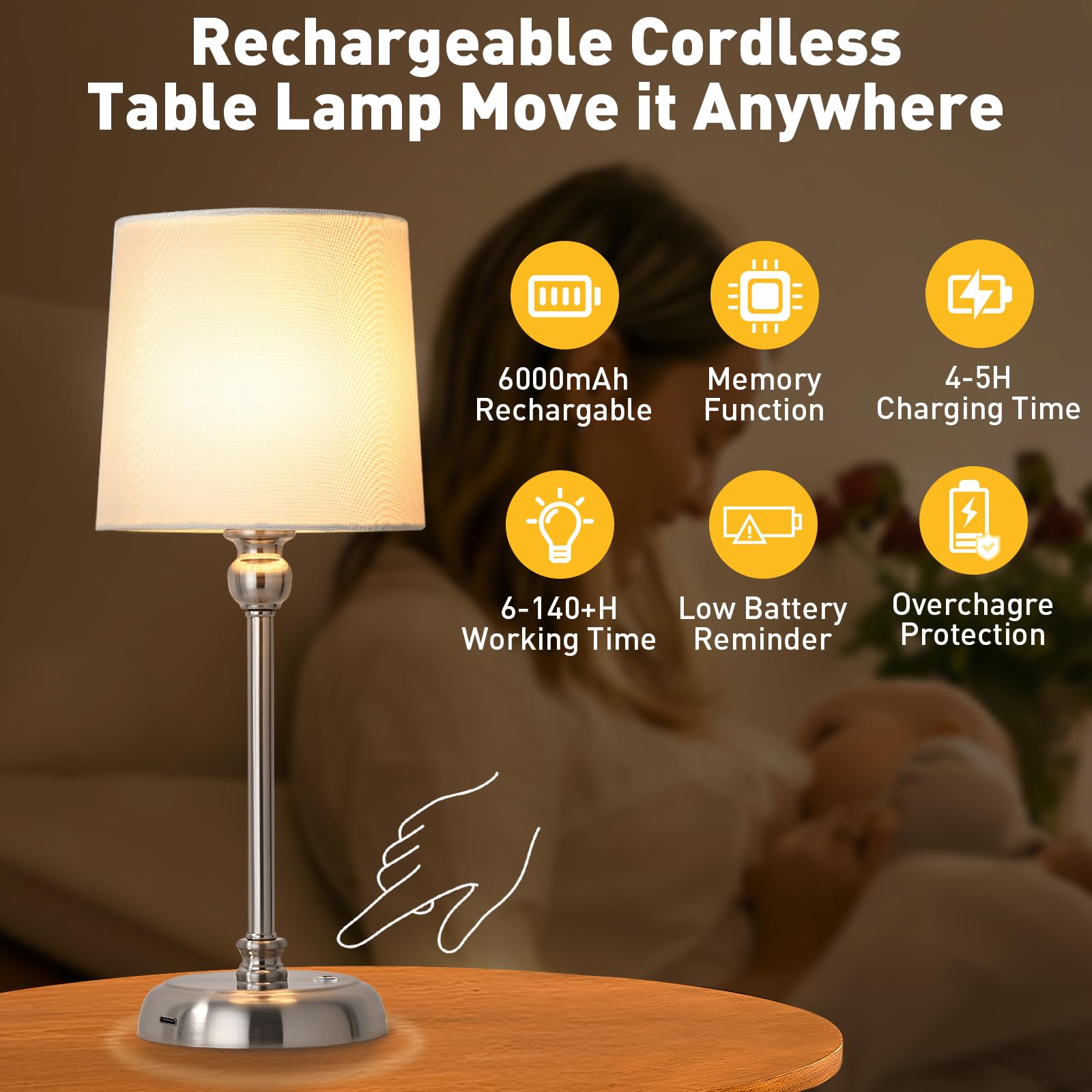 Baizhou Cordless Led Table Lamp, 6000Mah Rechargeable Bedside Small Lamp For Bedroom, Portable Touch Stepless Dimmable Battery Operated Lamp, Ambient Light For Patio Restaurant(Brushed Nickel H)