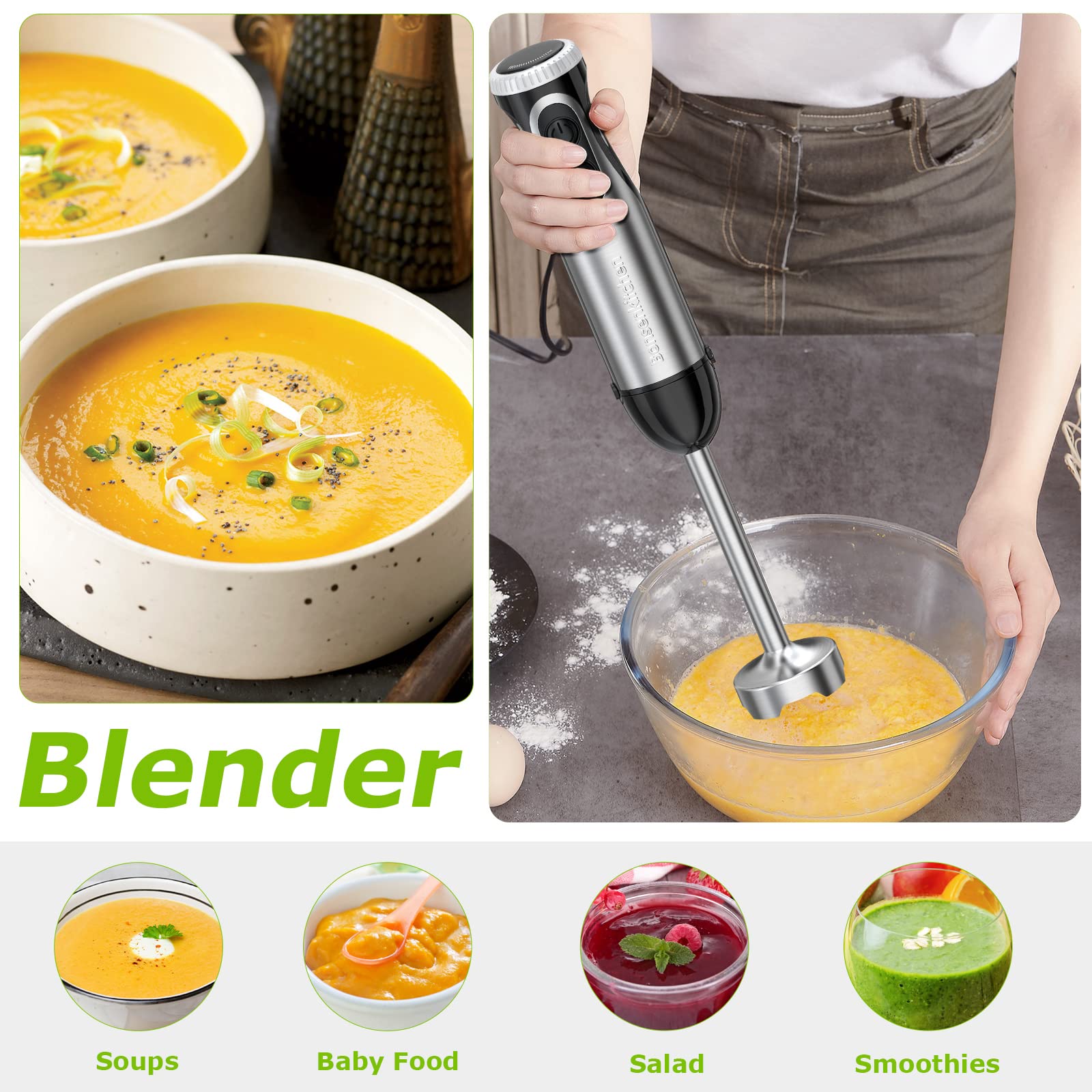 Bonsenkitchen 20-Speed Immersion Hand Blender With Whisk For Smoothies Puree Baby Food, And Milk Frother Handheld For Coffee-Bundle