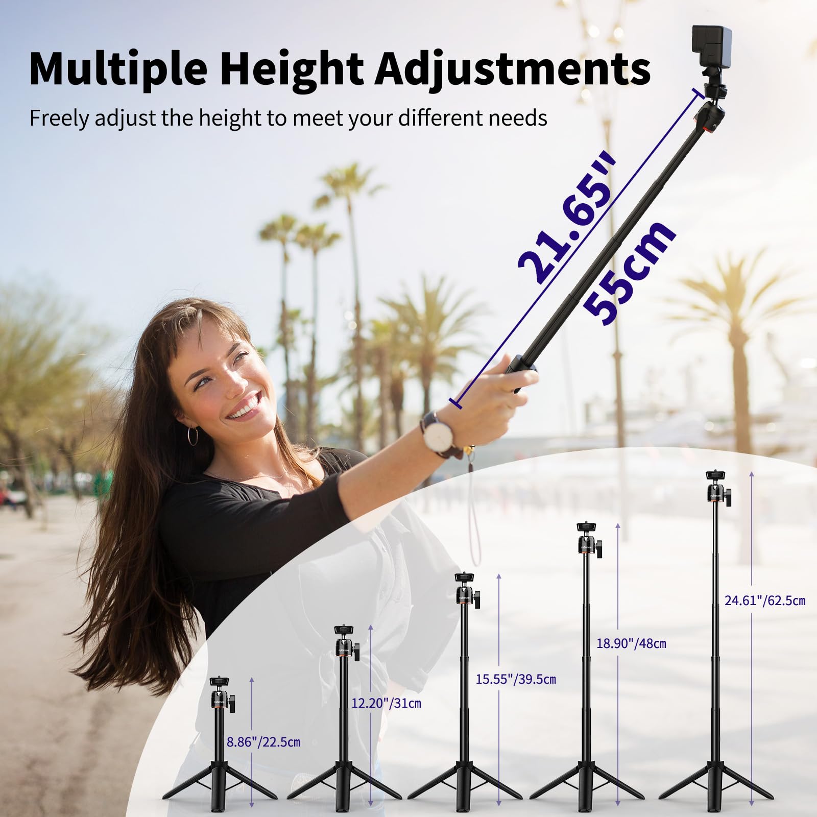 Rubesee Mini Tripod For Gopro Camera, 24.61"/62.5Cm Extendable Mini Tripod With 5 Levels Adjustment 360° Ball Head 1/4" Screw For Vlog Handle Grip Desktop Gopro Dji Osmo Action Camera