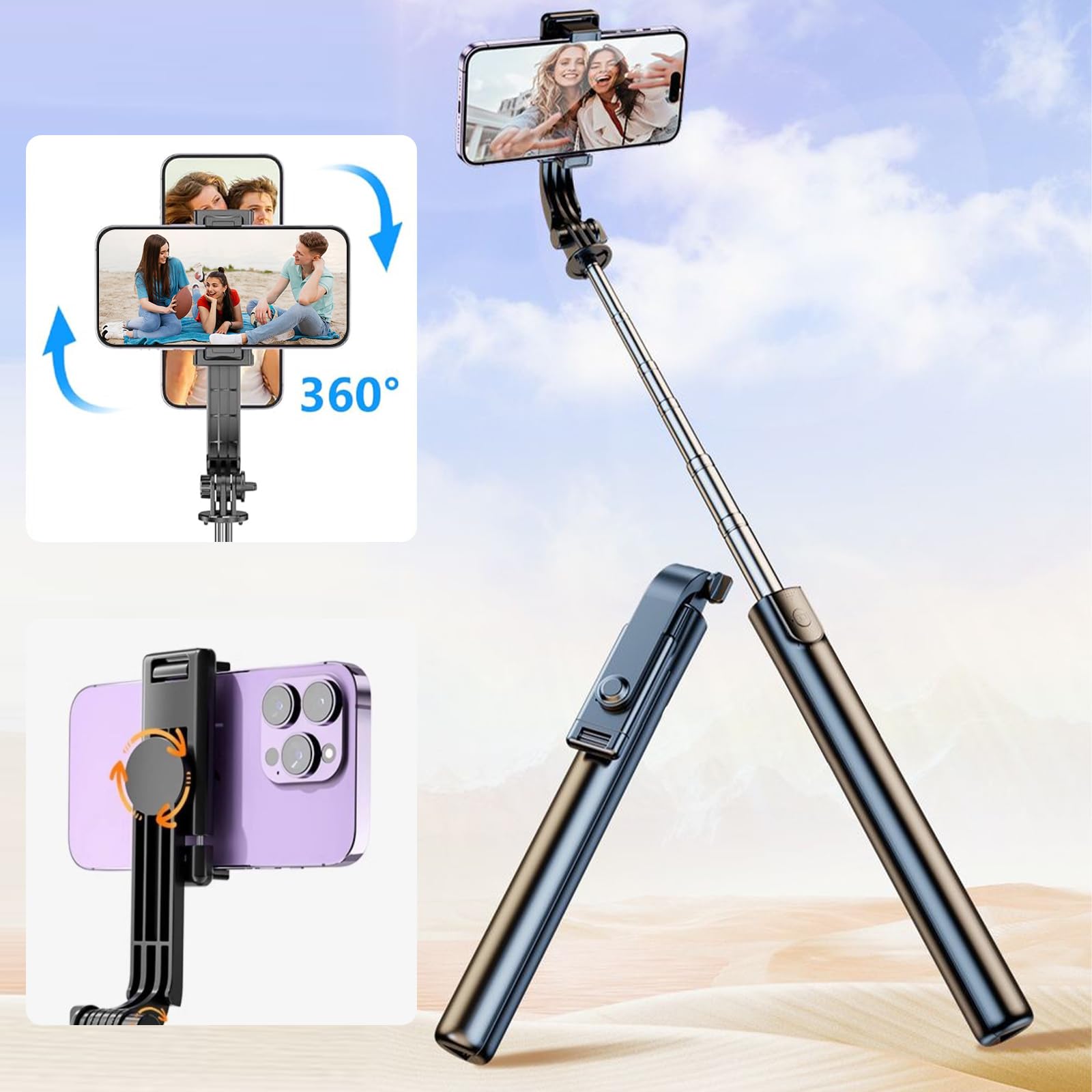 Gogara Selfie Stick & Cell Phone Tripods, Extendable Selfie Stick Tripod With Wireless Remote, Portable, Lightweight, 360° Rotatable Tripod Stand For Video Recording Vlog Compatible With Iphone Samsung