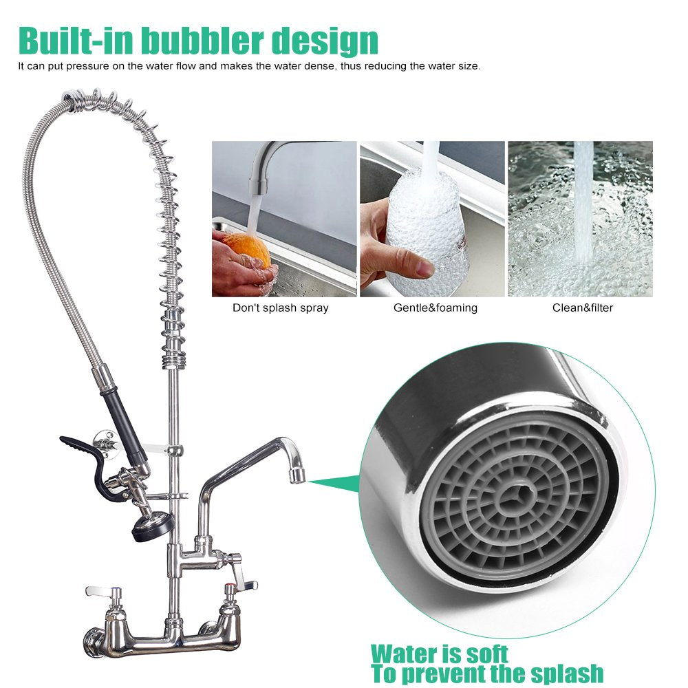Bestjeef Commercial Sink Faucet With Sprayer 36 Inch Commercial Faucet Pre Rinse Sprayer 8 Inch Wall Mount Center With 12 Inch Add On Spout