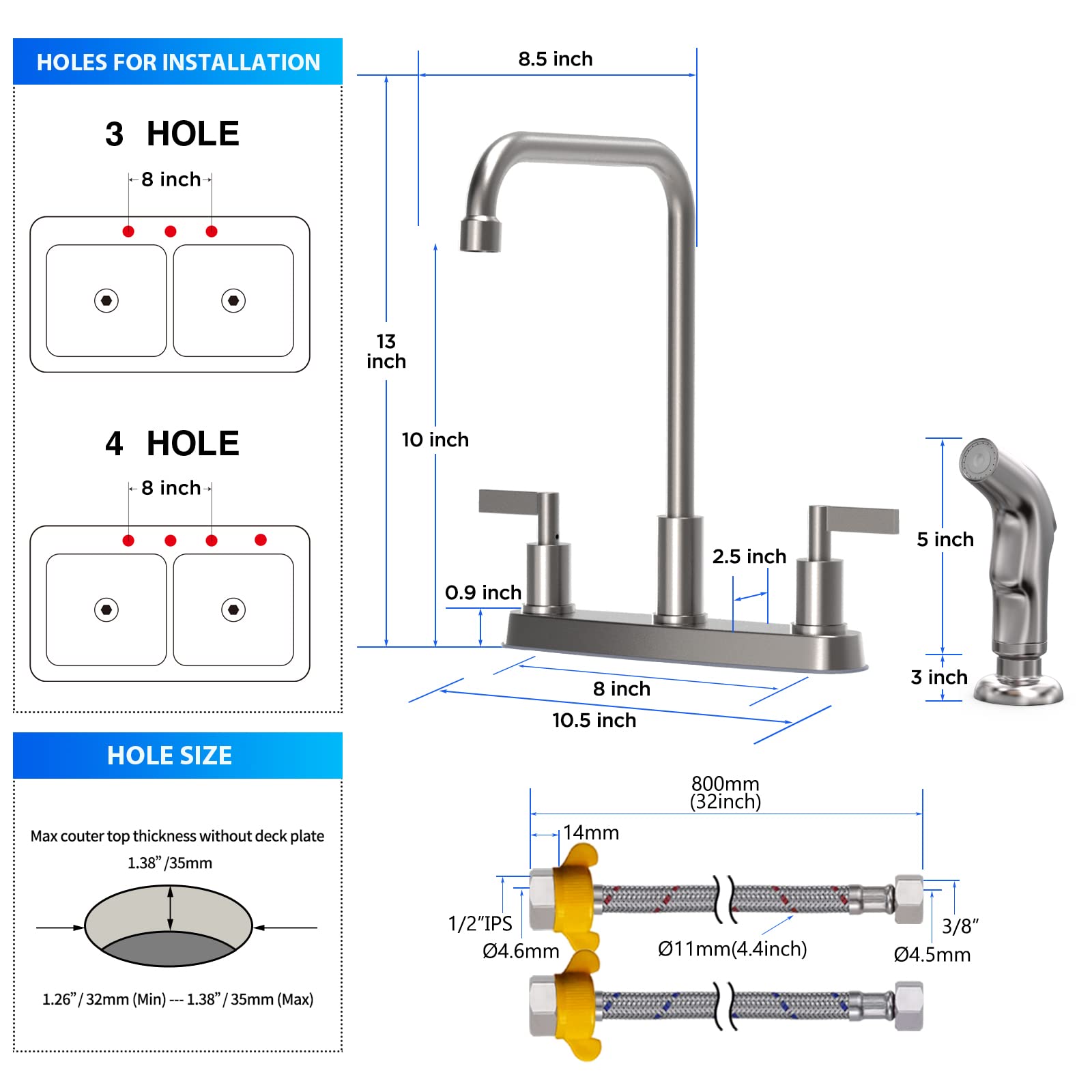 Gowin Kitchen Faucet With Sprayer,Brushed Nickel Kitchen Sink Faucet,3 Hole Or 4 Hole Faucet For Kitchen Sink,Stainless Steel 2 Handle Kitchen Faucet With Side Sprayer,4 Hole Kitchen Faucets