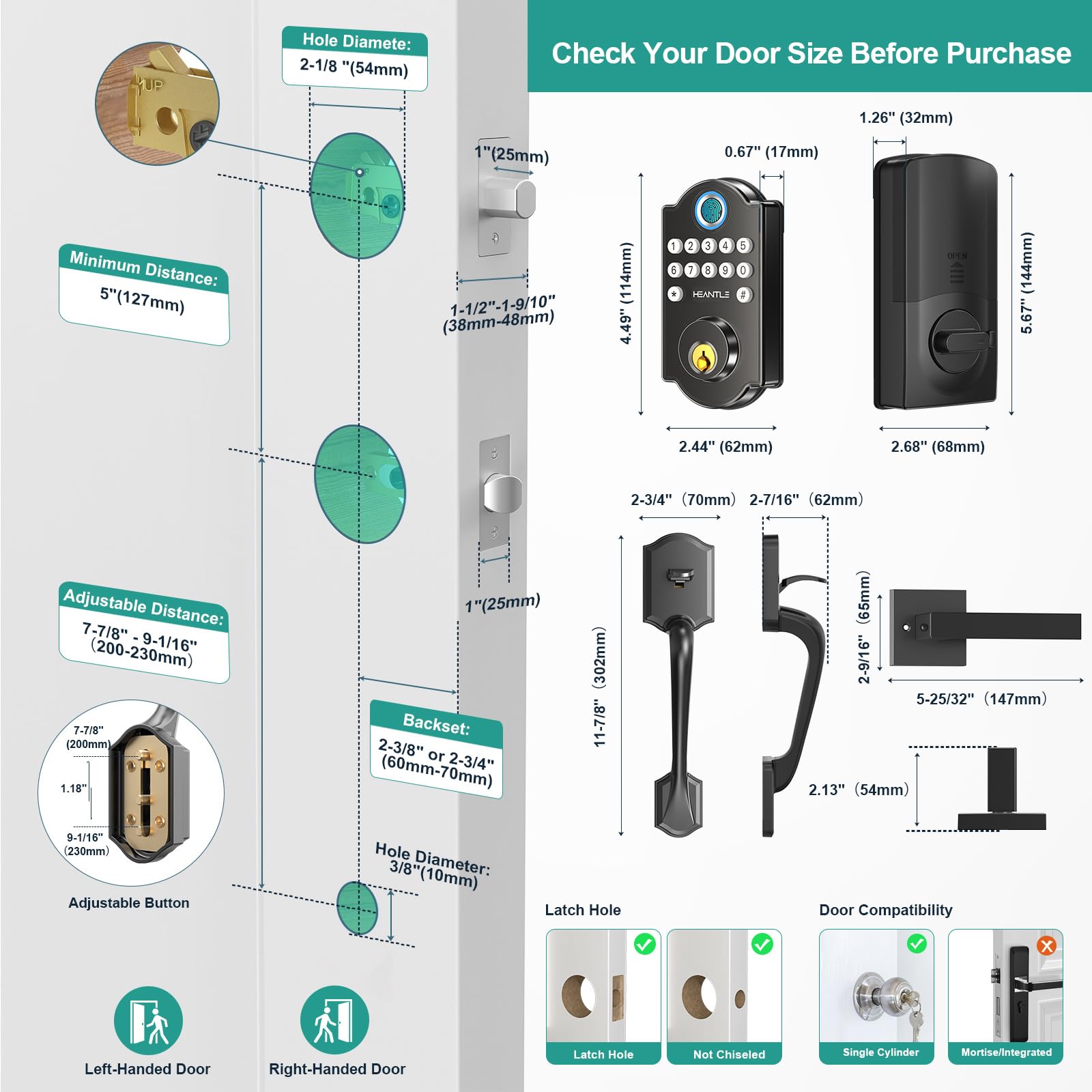 Heantle Smart Wifi Door Lock Set - Keyless Entry Door Lock, Front Door Handles Set, Fingerprint Electronic Keypad Deadbolt Lockset With App Remote Control, Alexa Voice, Auto Lock For Home, Rental