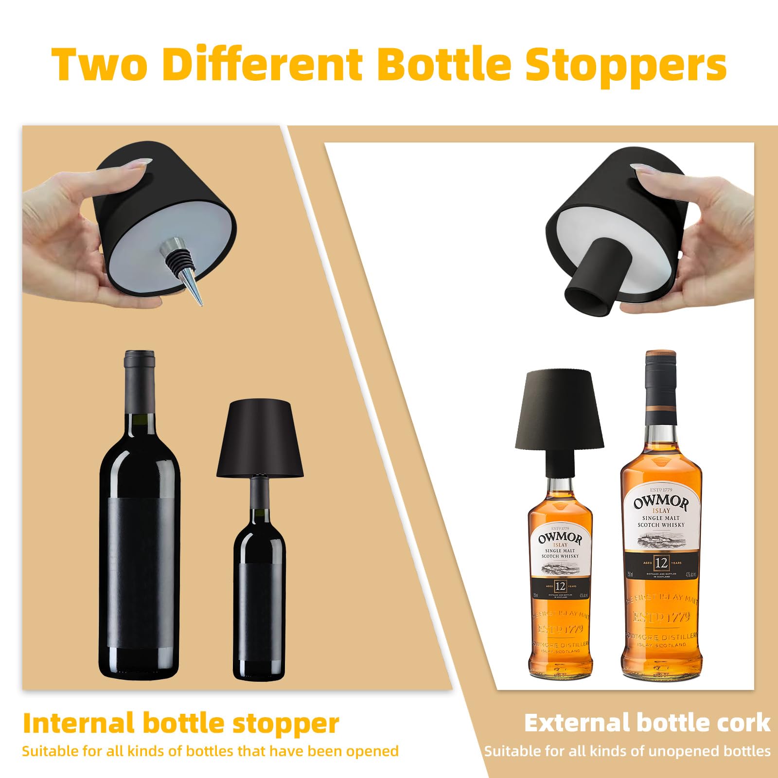Mxcoirtp Wireless Bottle Lamp, Adjustable Brightness 3 Color Wine Bottle Light With 2 Lamp Bases, Touch Control Rechargeable Metal Waterproof Table Lamp For Dining Room/Bedroom/Bar, Black