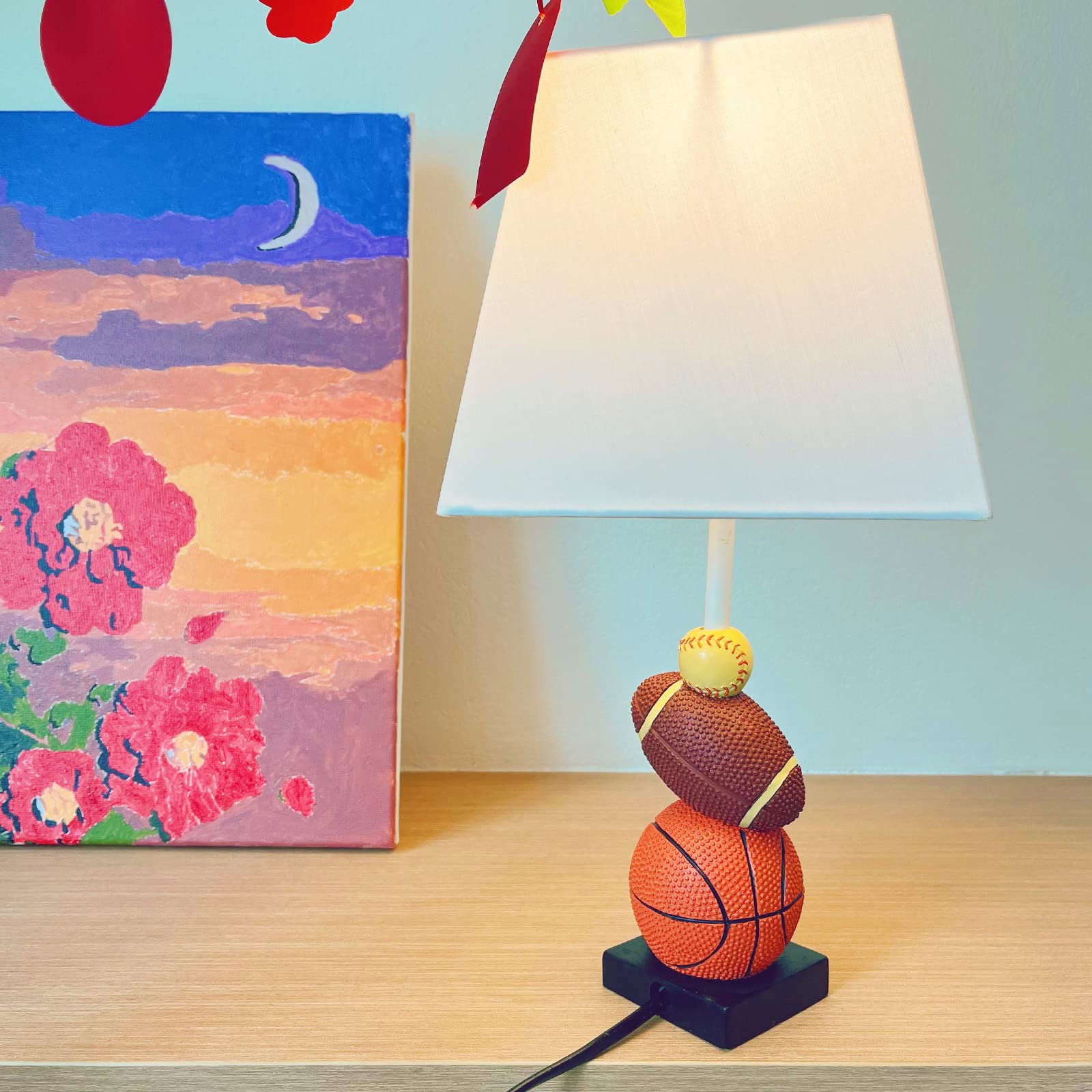 Herbestbay Kids Table Lamp, 14 Inch Football, Basketball & Baseball Design With Cute Lampshade, Sports-Themed Lamp Ideal For Children'S Bedroom Decor, Bedside Lamp Includes Led Bulb