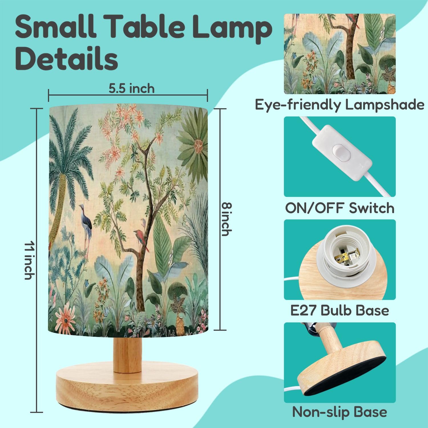 Aurfiaiuop Bedside Desk Lamps, Minimalist Traditional Mughal Garden Botanic Landscape Wall Paper Nightstand Lamps, Small Table Lamp For Nursery Girls Kids Bedroom Classroom Living Room Dorm Decor
