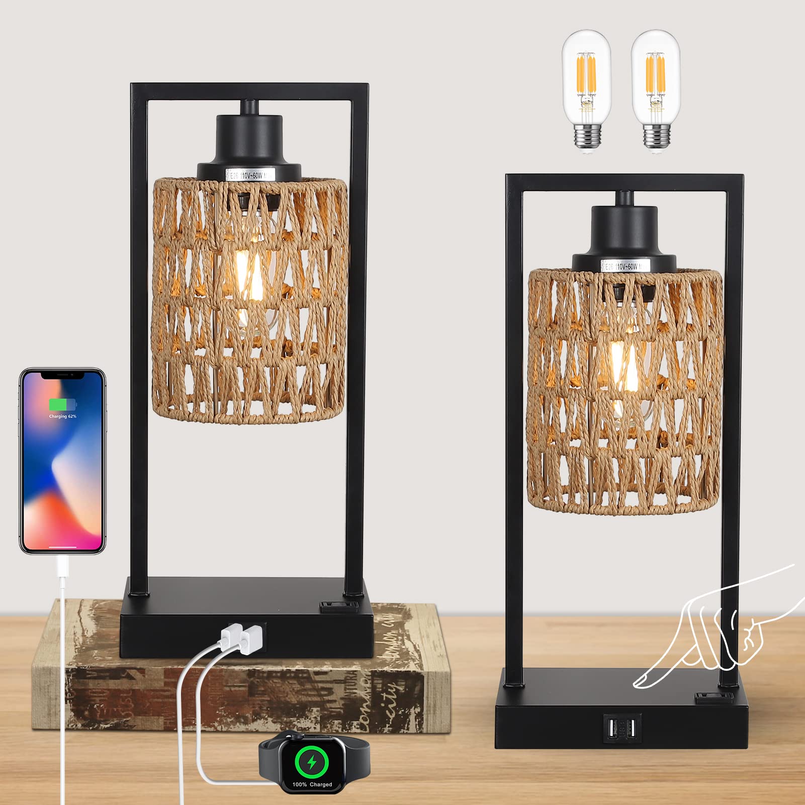 Stepeak Farmhouse Rattan Table Lamps Set Of 2, Boho Touch Control Bedside Nightstand Lamp With 2 Usb Ports&Ac Outlet, Dimmable Desk Lamp For Bedroom Living Dining Room Credenza (Led Bulbs Included)